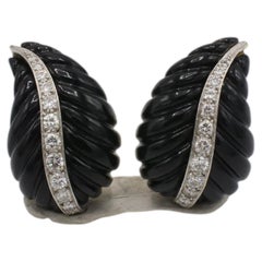 18 Karat Yellow Gold Carved Onyx & Natural Diamond Leaf Lever-Back Earrings