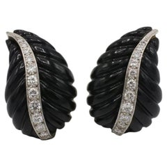 18 Karat Yellow Gold Carved Onyx & Natural Diamond Leaf Lever-Back Earrings