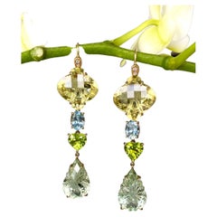 Boucles d'oreilles en or jaune 18 carats, quartz sculpté, prasiolite, aigue-marine, péridot et diamant