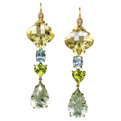 18 Karat Yellow Gold Carved Quartz Prasiolite Aquamarine Peridot Diamond Earring