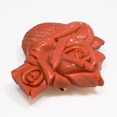 18 Karat Yellow Gold Carved Rose Basket Brooch Crafted with Momoiro Sango Coral