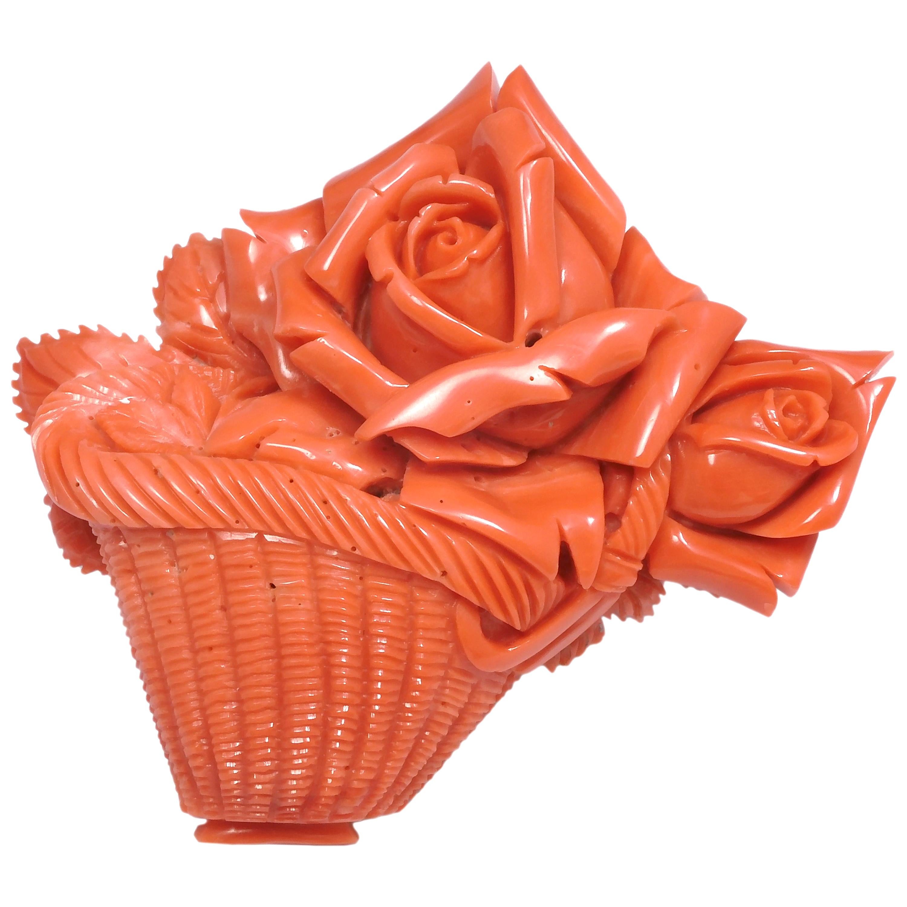 18 Karat Yellow Gold Carved Rose Basket Brooch Crafted with Momoiro Sango Coral For Sale