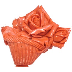 Retro 18 Karat Yellow Gold Carved Rose Basket Brooch Crafted with Momoiro Sango Coral