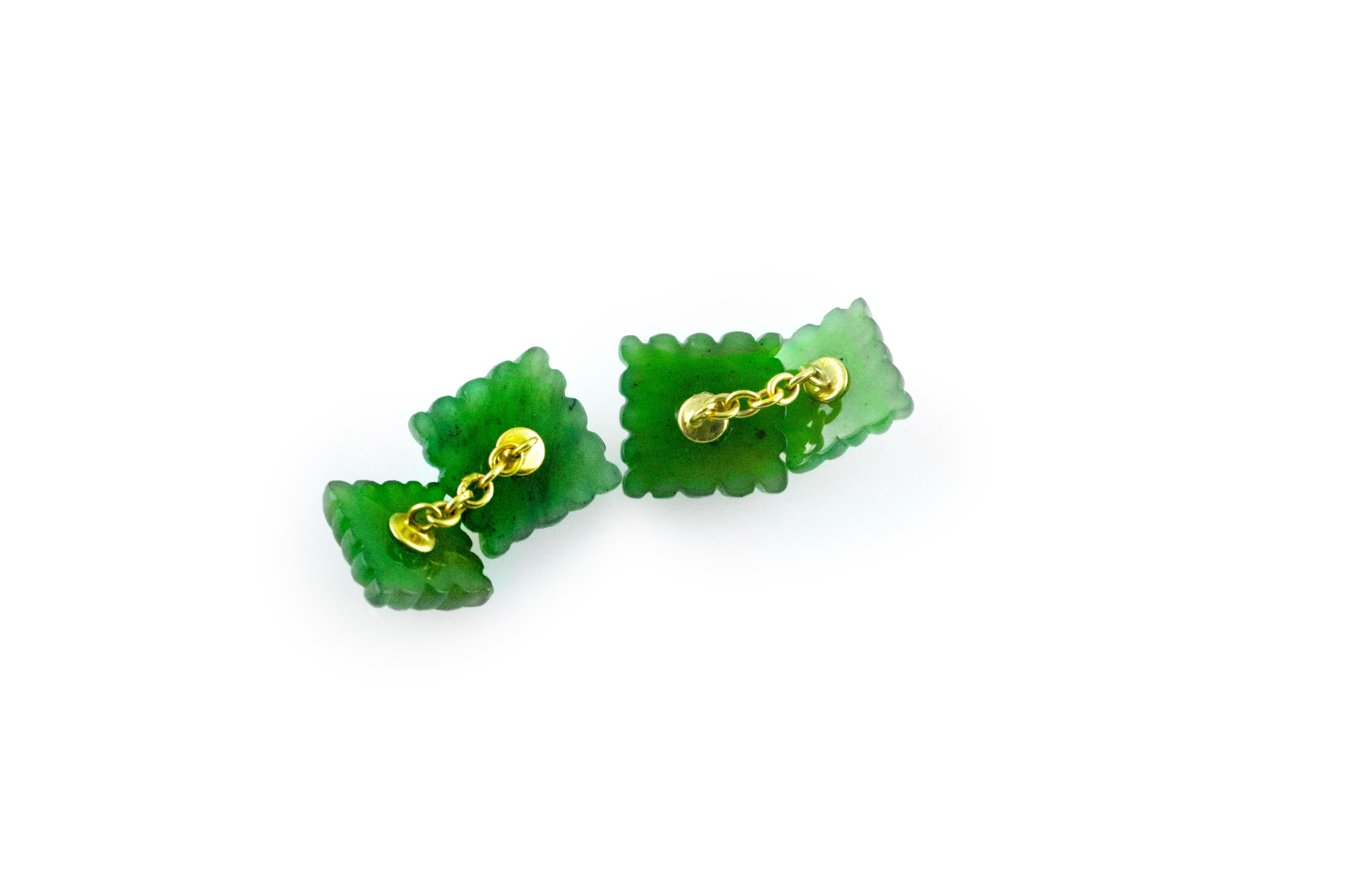 Contemporary 18 Karat Yellow Gold Carved Squared Jade and Rubies Cufflinks