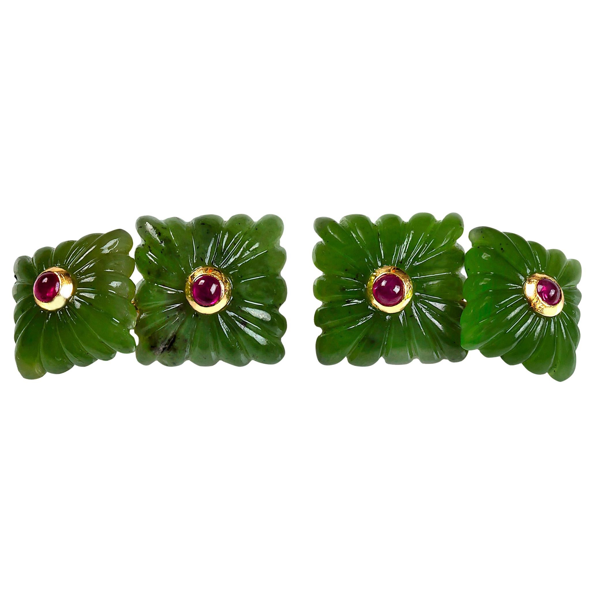 18 Karat Yellow Gold Carved Squared Jade and Rubies Cufflinks