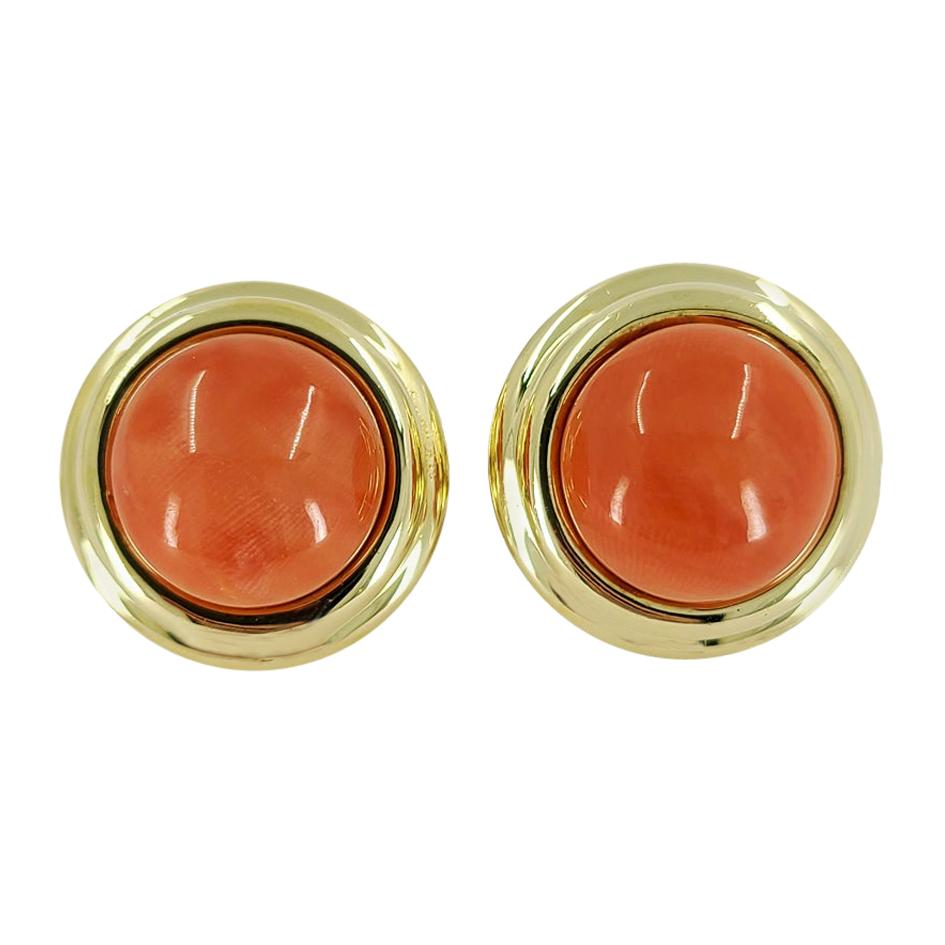 18 Karat Yellow Gold Cellino Coral Cabochon Stud Earrings