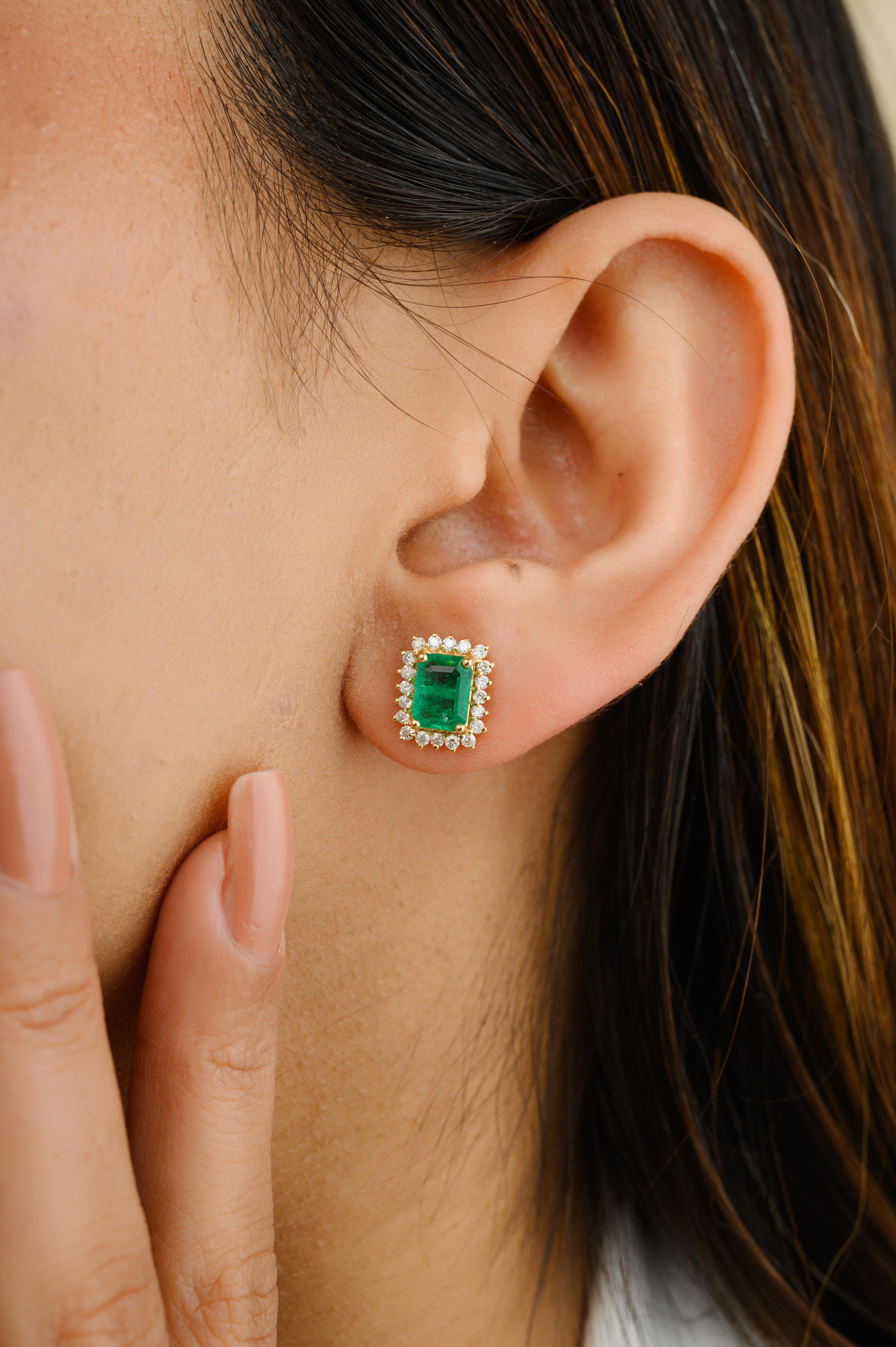 Certified Emerald Halo Diamond Stud Earrings in 18K Gold to make a statement with your look. You shall need studs earrings to make a statement with your look. These earrings create a sparkling, luxurious look featuring octagon cut emerald and round