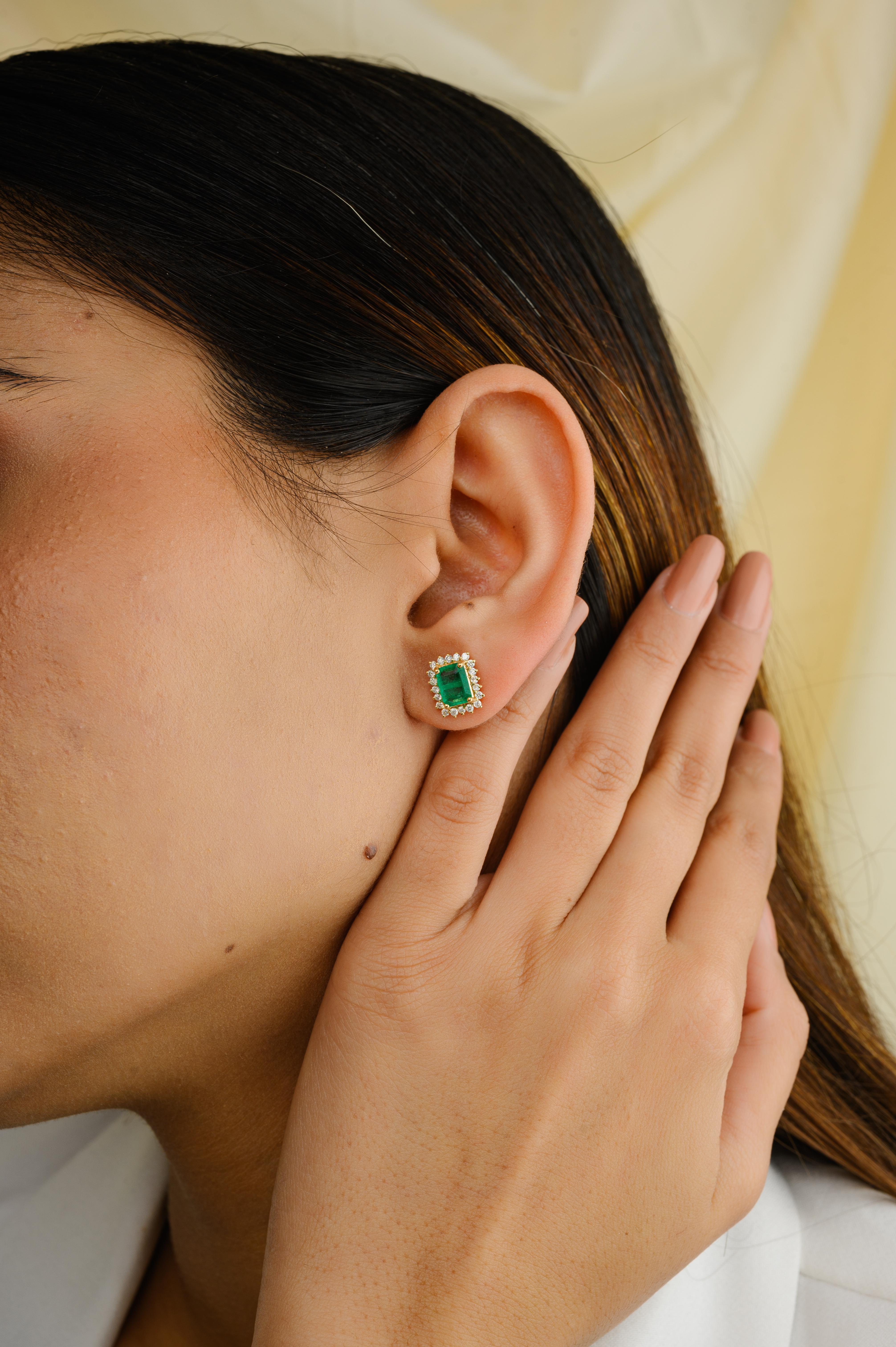 Octagon Cut 18 Karat Yellow Gold Certified Emerald Halo Diamond Stud Earrings for Women For Sale