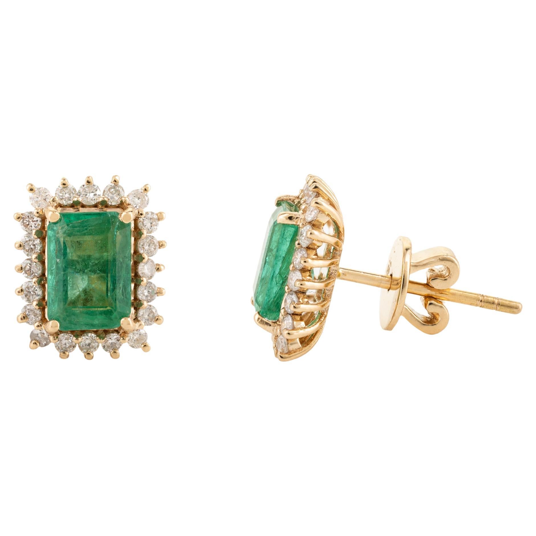 18k Yellow Gold Certified May Birthstone Emerald Halo Diamond Stud Earrings For Sale
