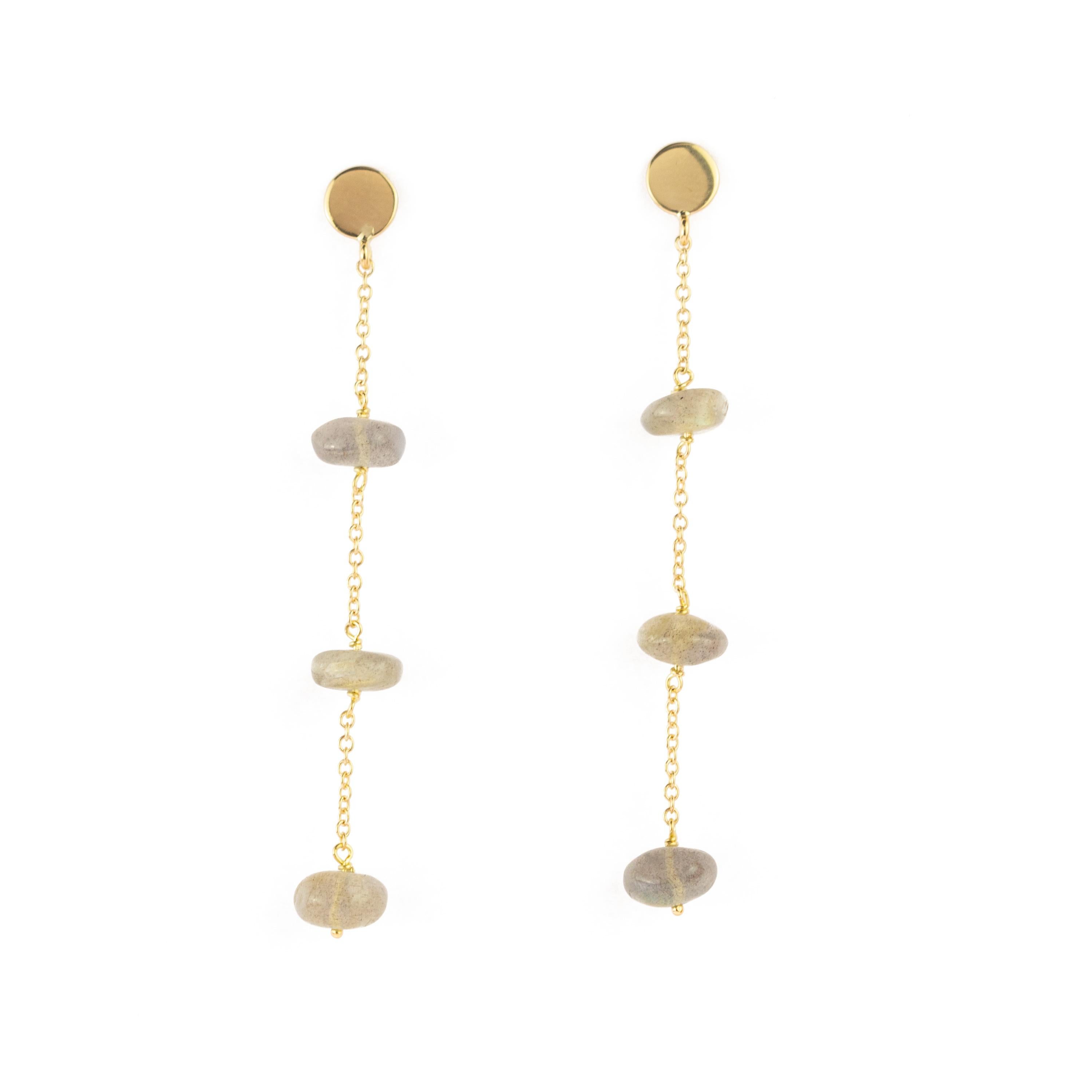 Intini Jewels signature quality on a modern and contemporary design jewel. Stunning long and dangle earrings with three Cat's Eye beads. Embellished with a 18 karat yellow gold chain will make you look beautiful and full of charm.

Cat's Eye Stone