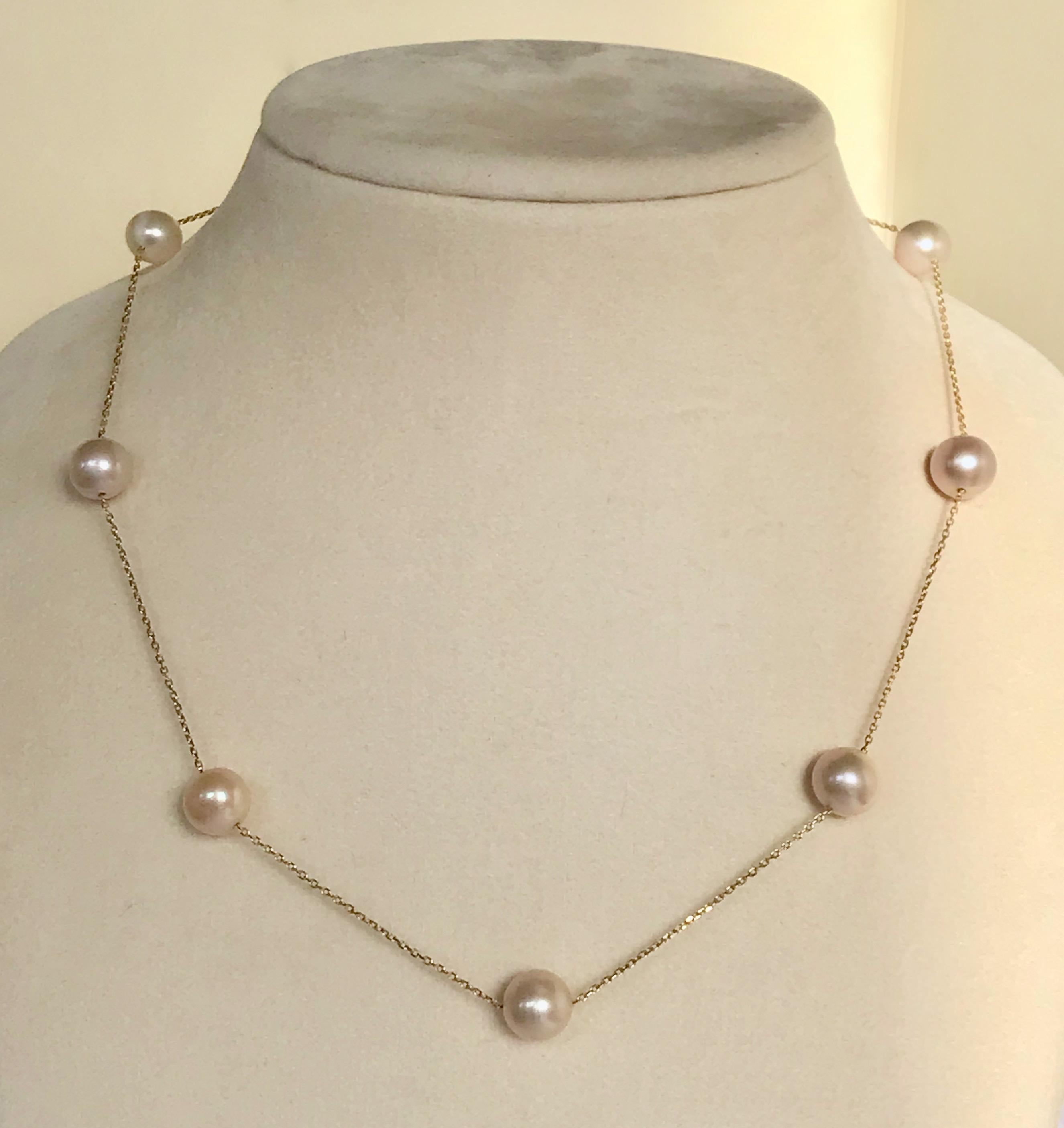This necklace is made of seven freshwater cultured pearls joined to each other with an 18karat solid yellow gold chain. 
Each pearl is unique due to its nature. They may vary in shapes and colours, however, we have tried our best to match each