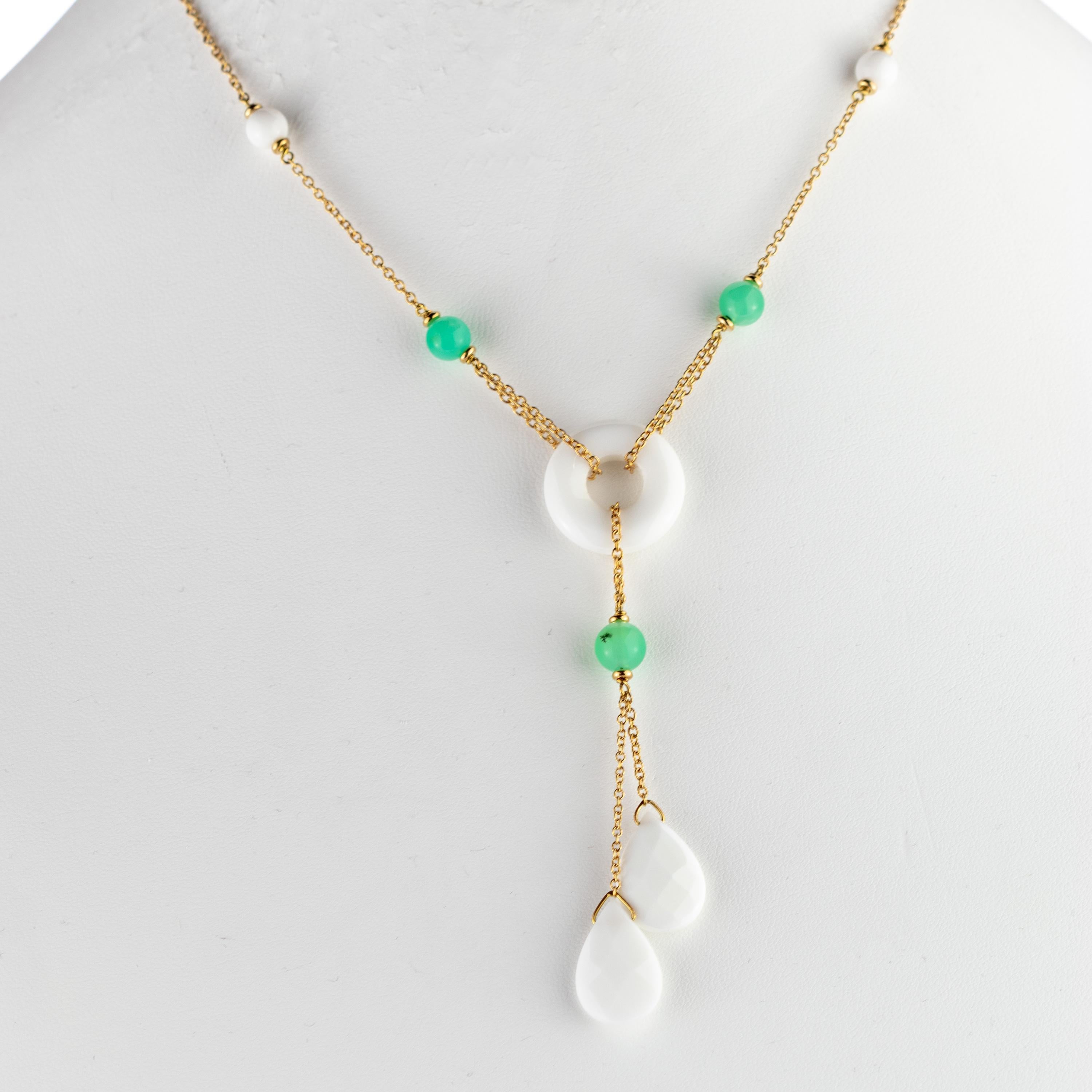 Artist 18 Karat Yellow Gold Chain White Agate Chrysophrase Romantic Chain Y Necklace For Sale