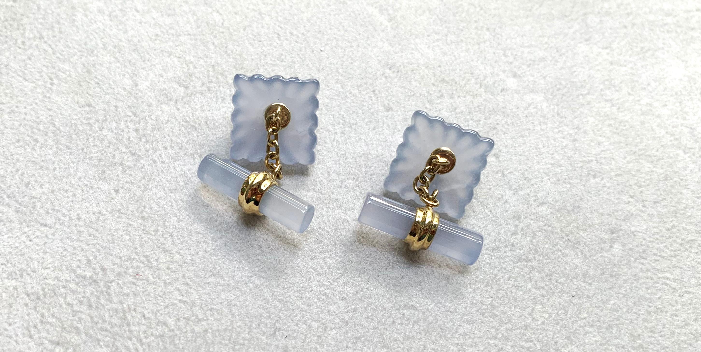 Women's or Men's 18 Karat Yellow Gold Chalcedony Blue Sapphires Carved Squared Cufflinks