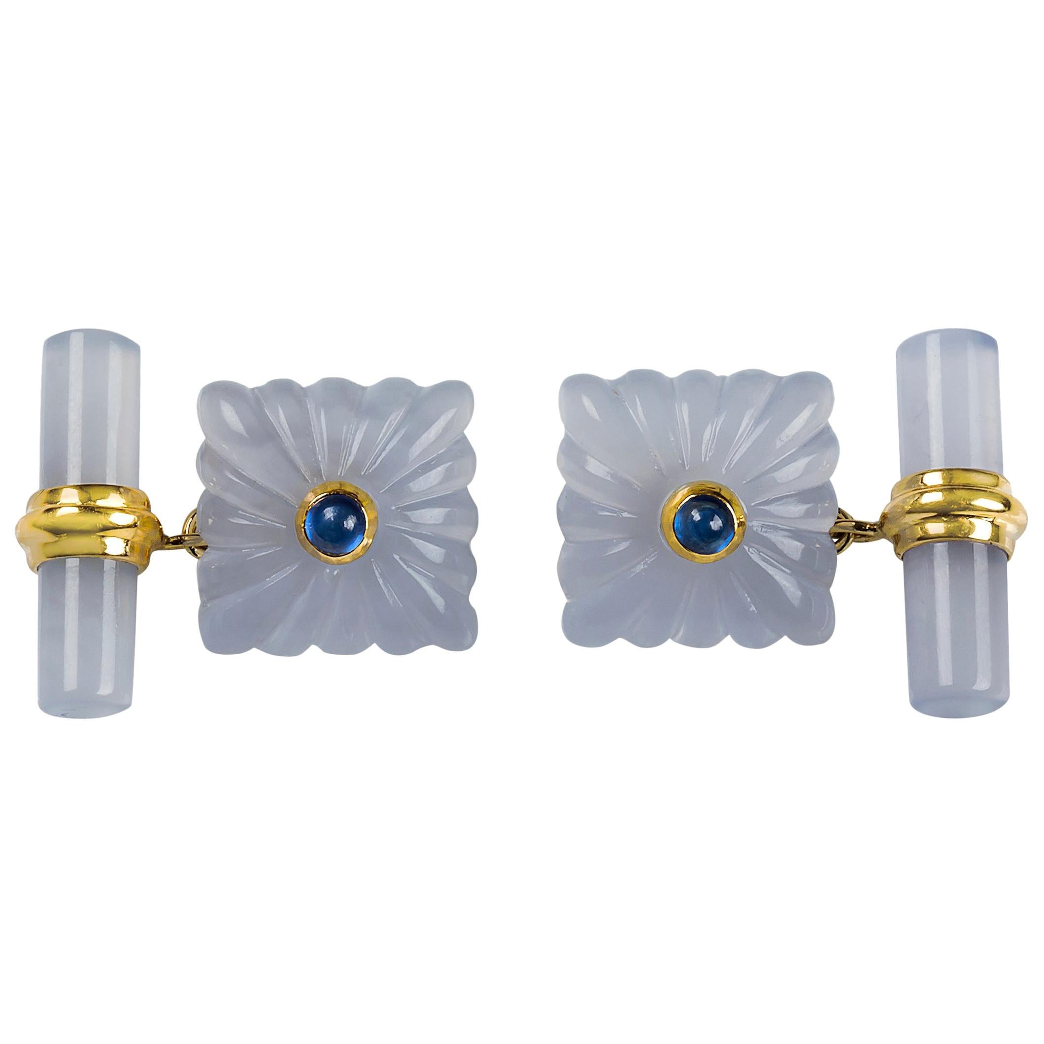 18 Karat Yellow Gold Chalcedony Blue Sapphires Carved Squared Cufflinks
