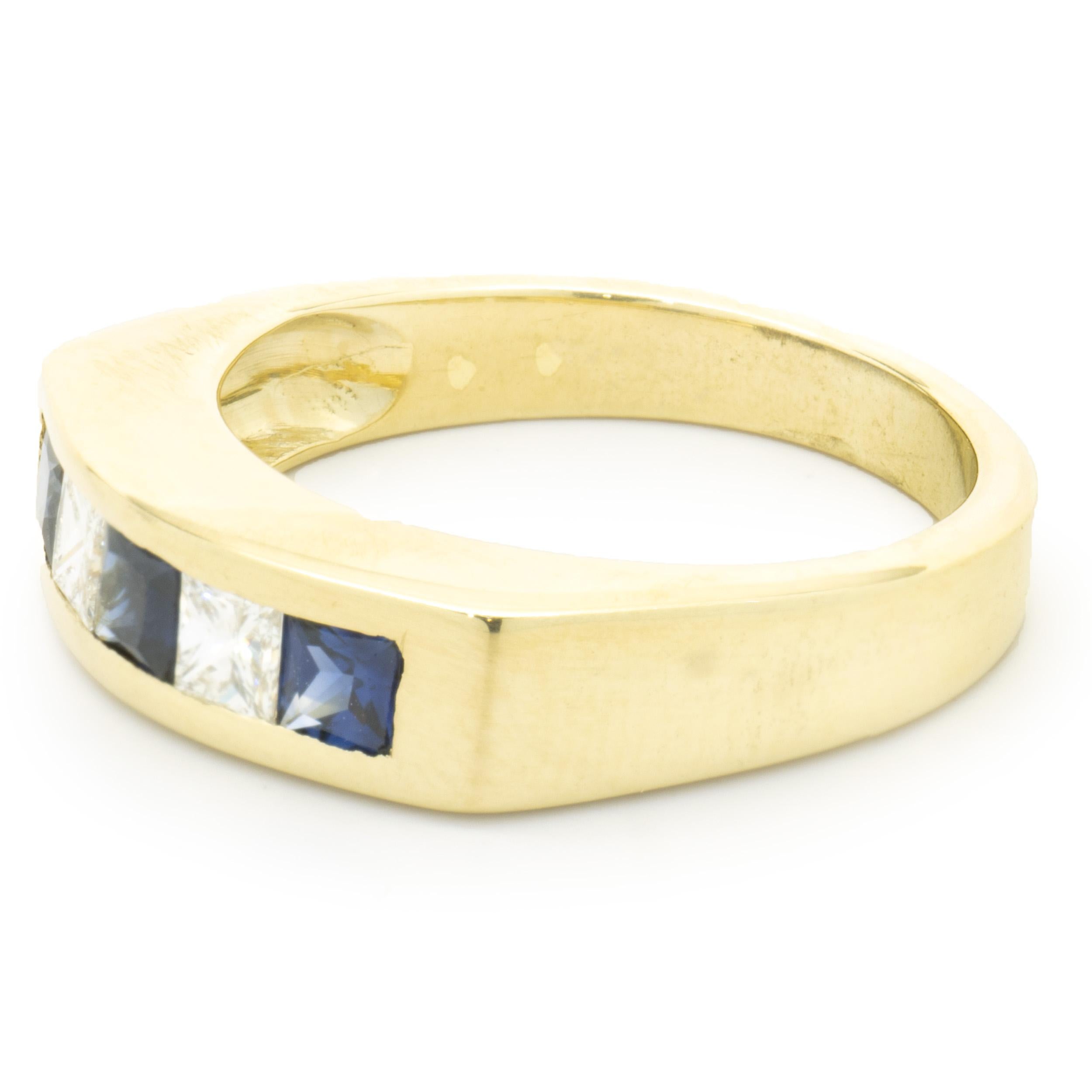 Princess Cut 18 Karat Yellow Gold Channel Set Alternating Diamond and Sapphire Ring