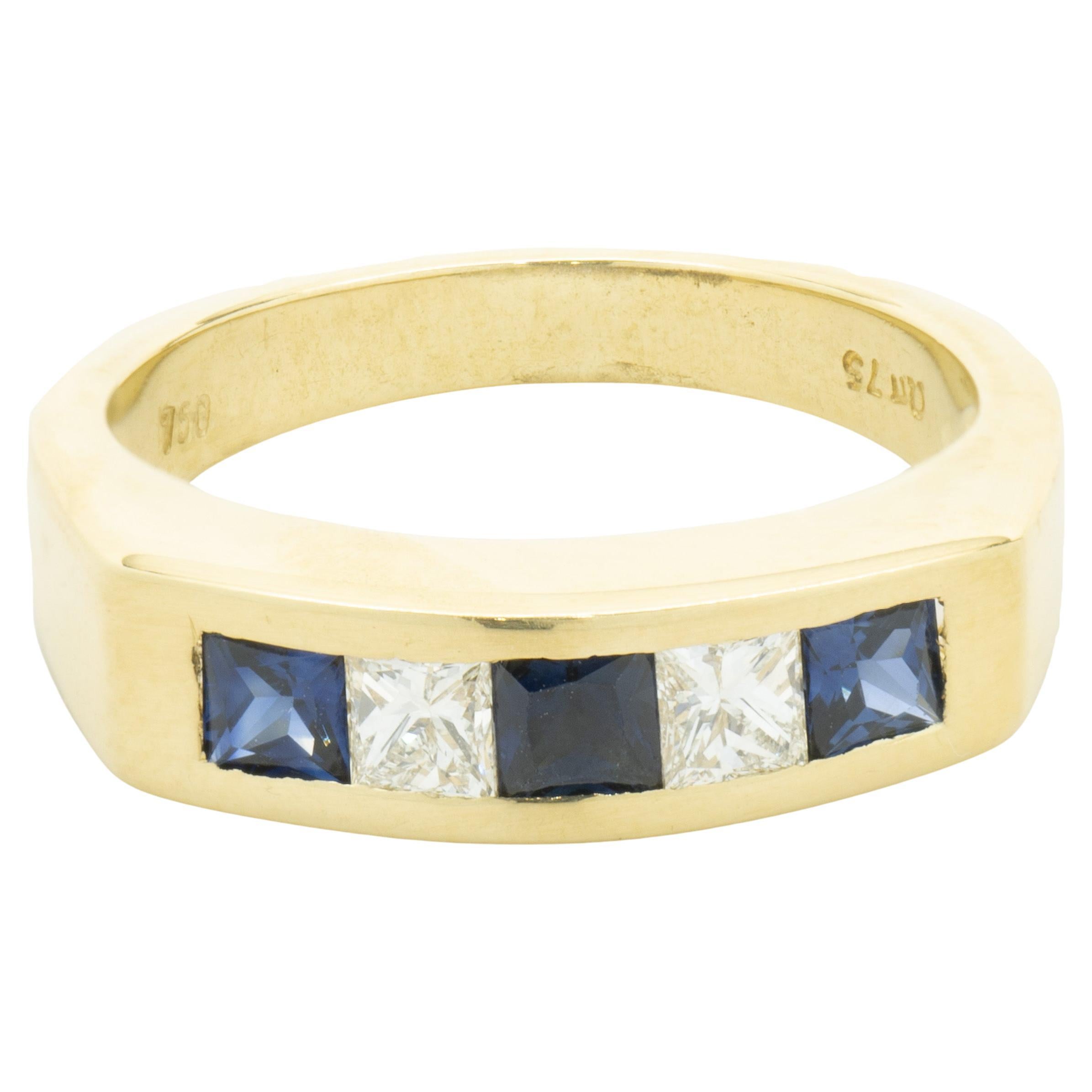 18 Karat Yellow Gold Channel Set Alternating Diamond and Sapphire Ring