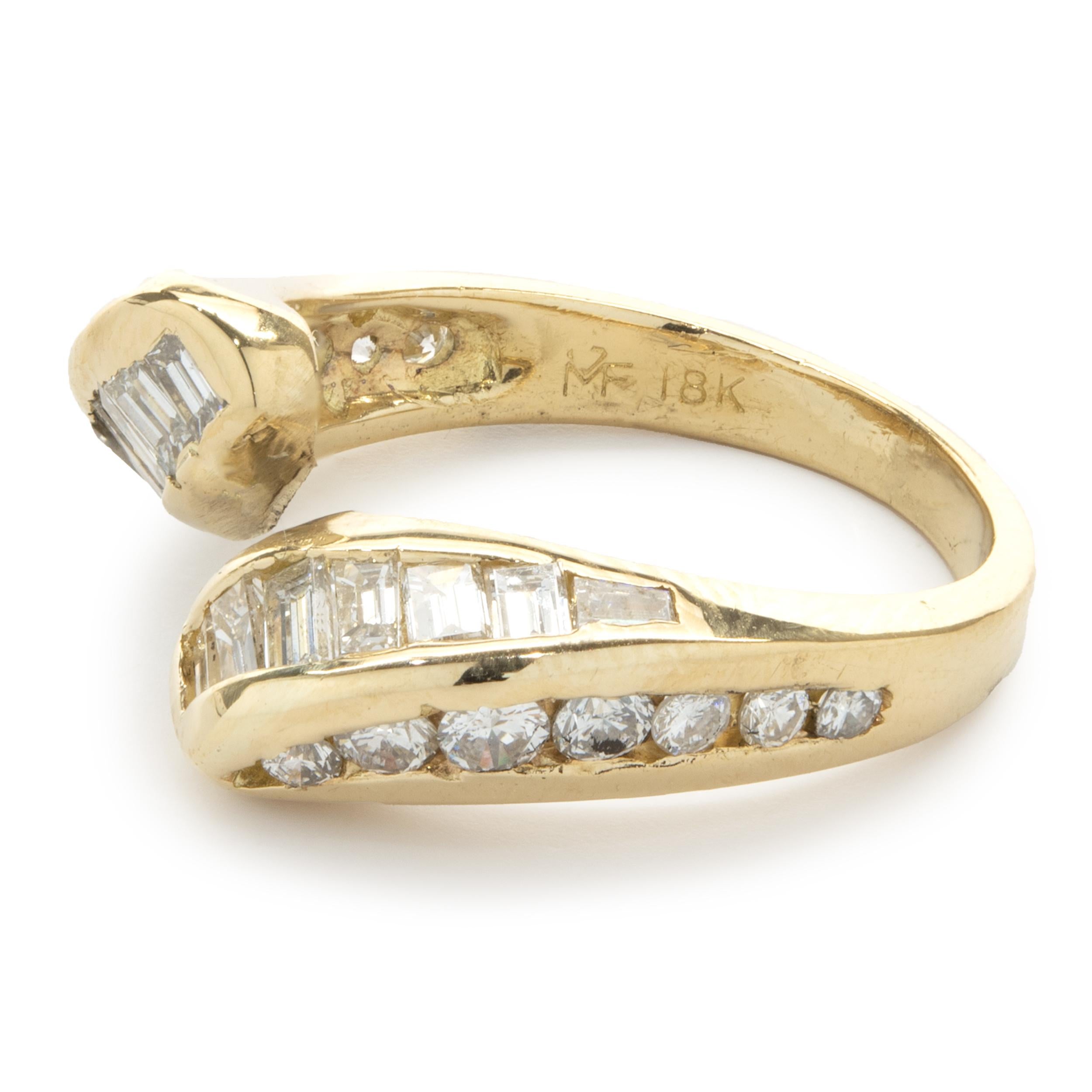 18 Karat Yellow Gold Channel Set Round and Baguette Cut Diamond Bypass Ring In Excellent Condition For Sale In Scottsdale, AZ