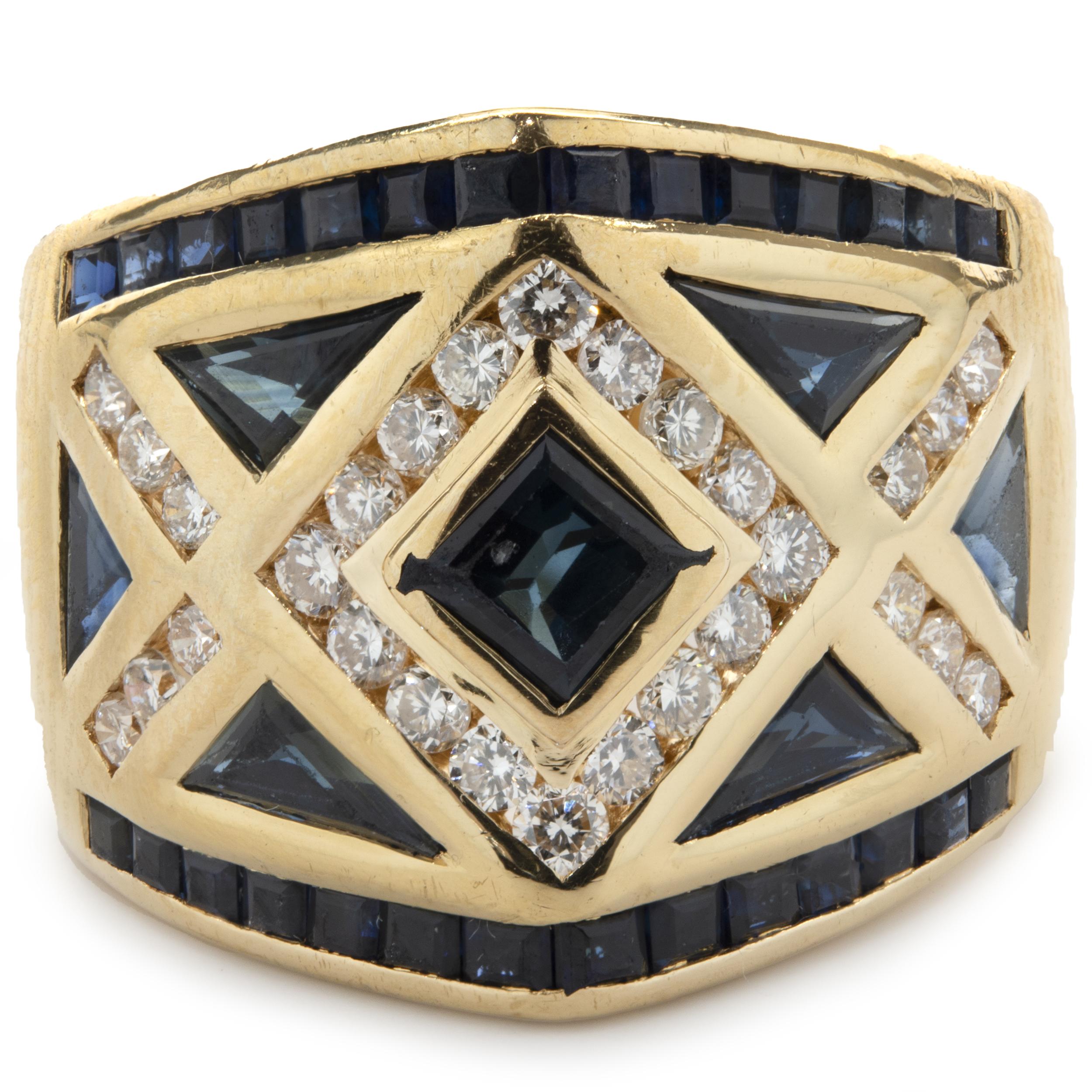 Designer: custom
Material: 18K Yellow Gold
Dimensions: ring top measures 15mm
Sapphires: 35 multi cut
Diamond: 28 round brilliant cut = .42cttw
Color: G
Clarity: SI1
Ring Size: 4.5 (complimentary sizing available)
Weight: 8.42 grams