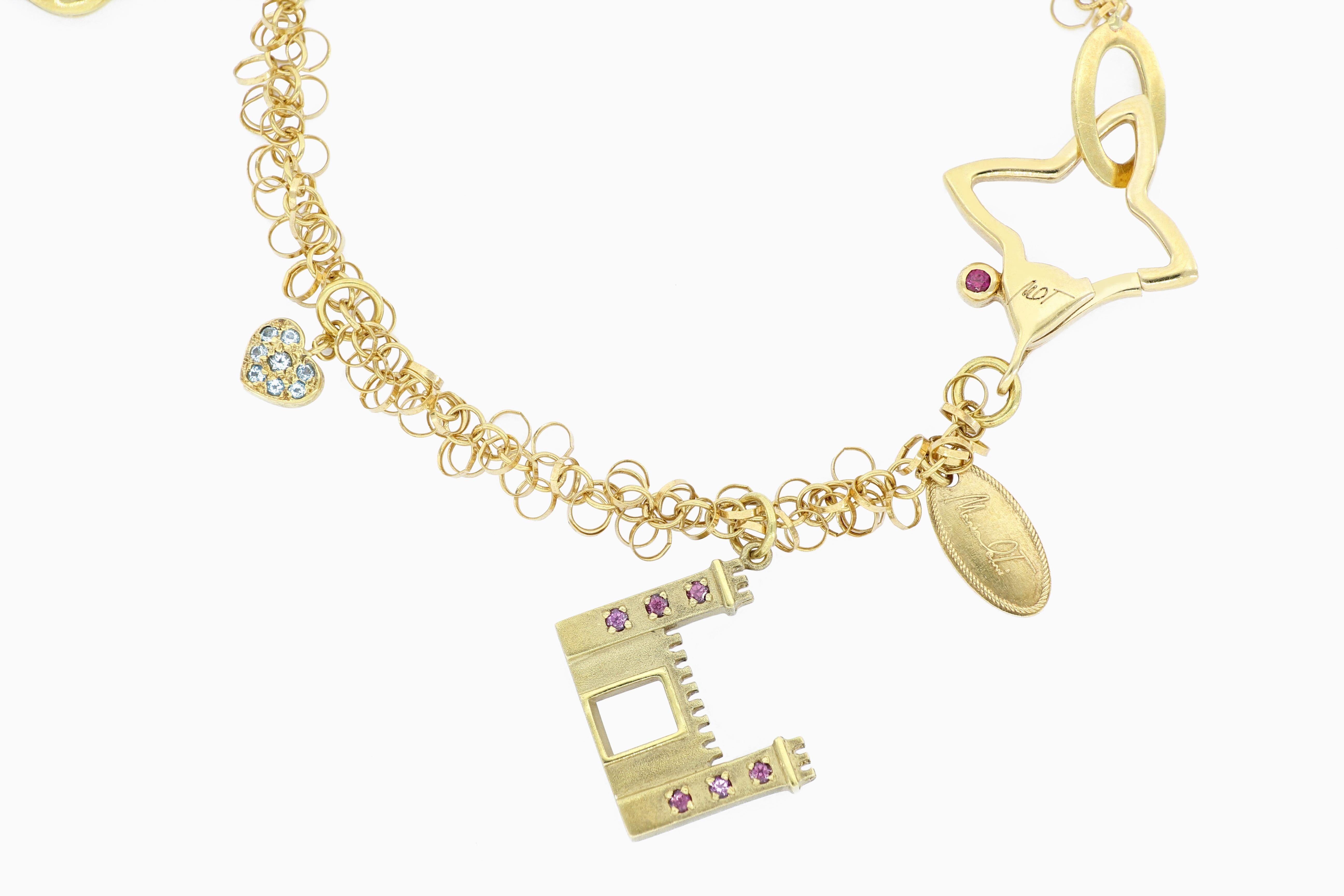 18 Karat Yellow Gold Charm Bracelet with Natural Colour Stones In New Condition For Sale In Macau, MO
