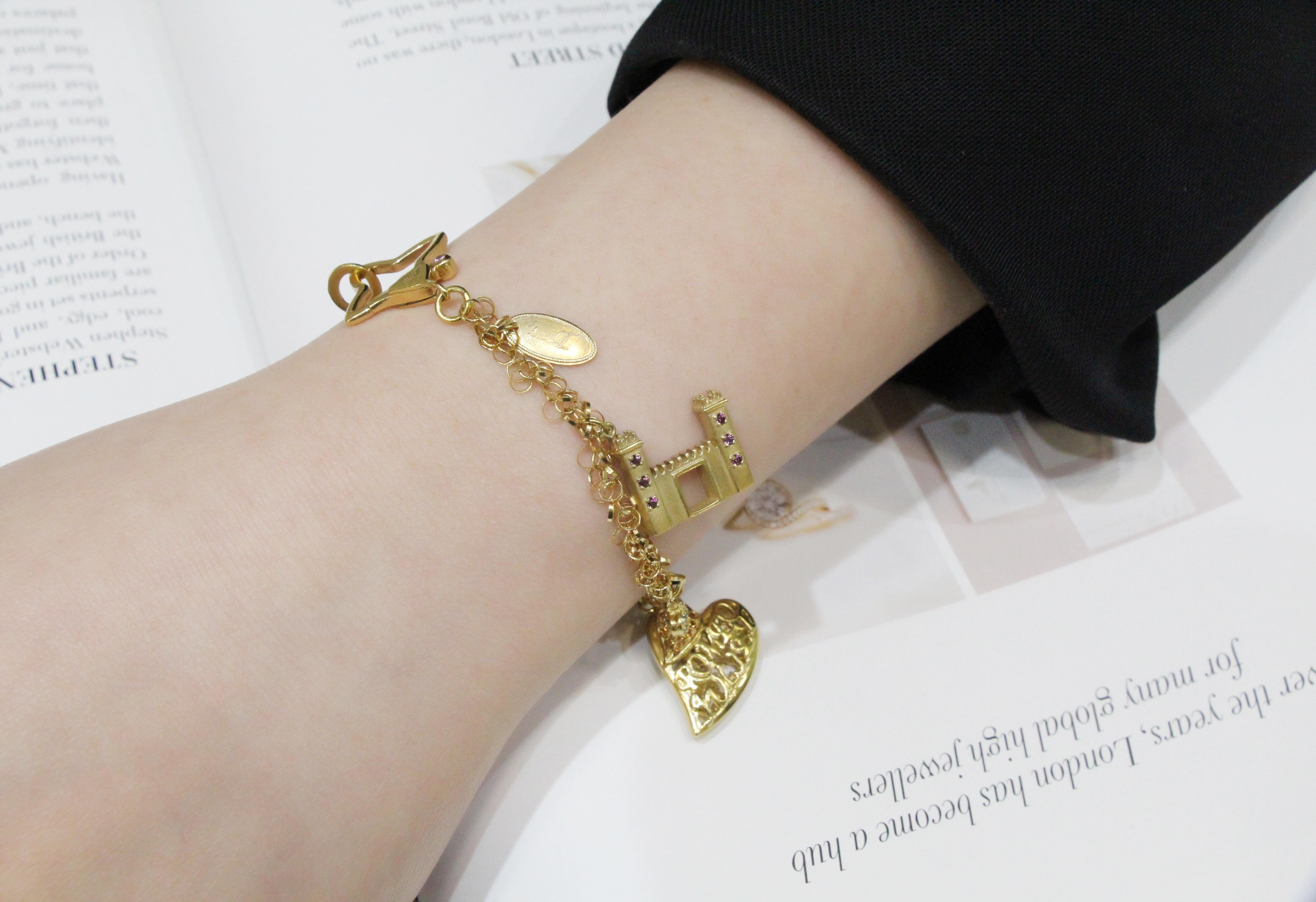 Women's 18 Karat Yellow Gold Charm Bracelet with Natural Colour Stones For Sale