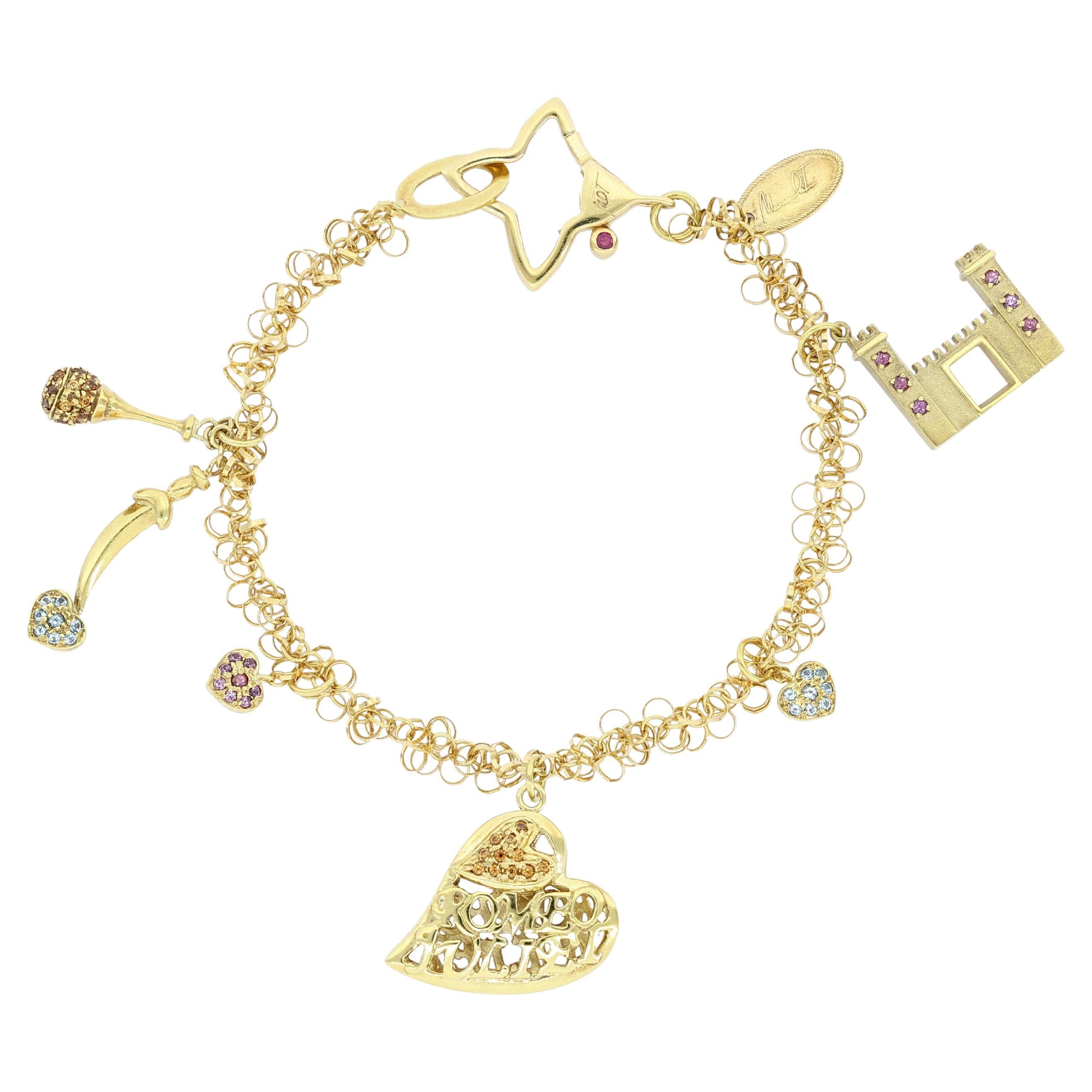 18 Karat Yellow Gold Charm Bracelet with Natural Colour Stones For Sale