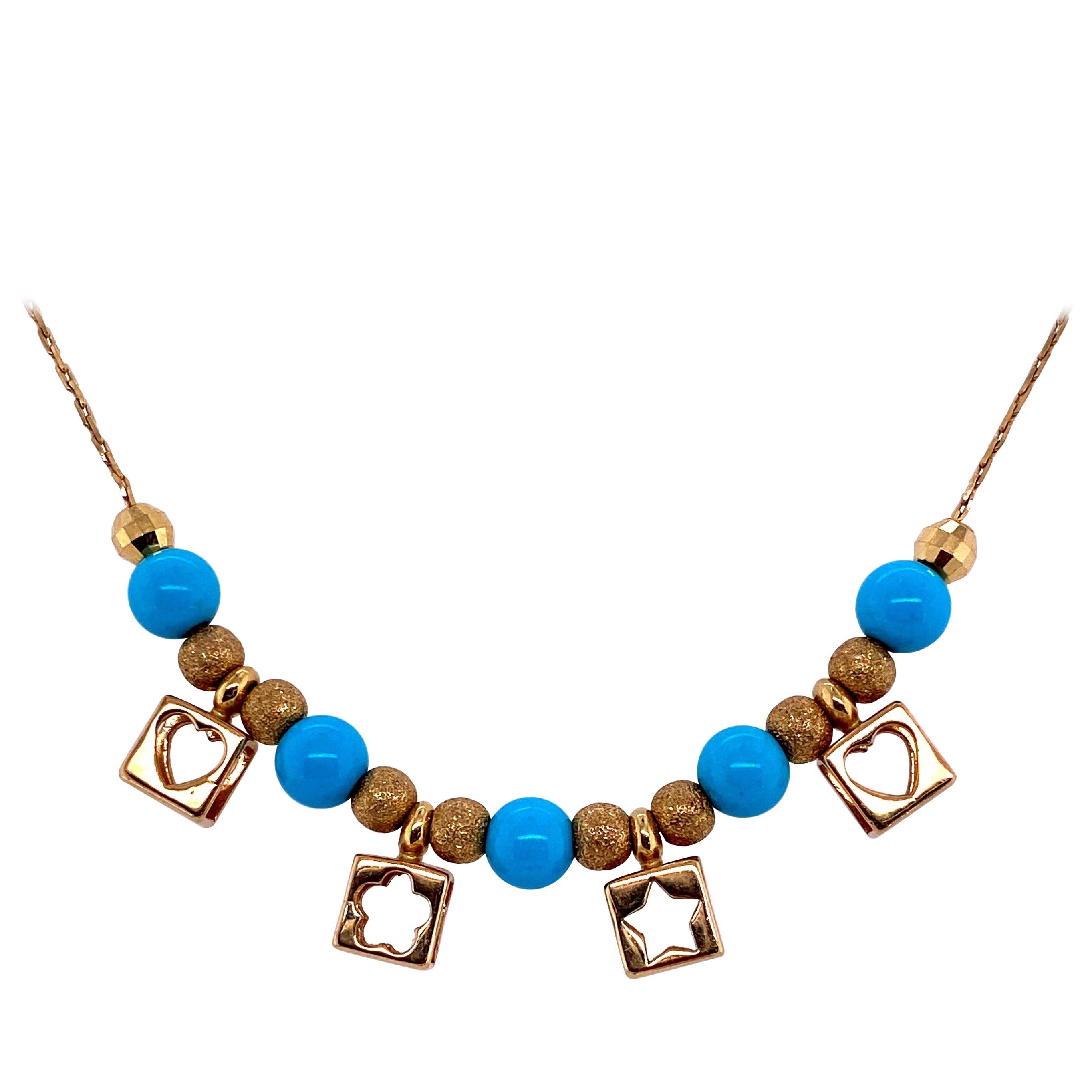 18 Karat Yellow Gold Charm Turquoise Beaded Necklace