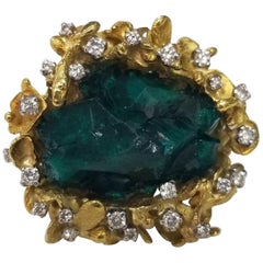 18 Karat Yellow Gold Chatham Emerald Crystals Ring with Diamonds