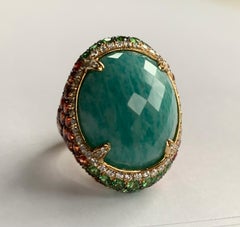 18 Karat Yellow Gold Checkerboard Cut Amazonite and Diamonds Cocktail Ring