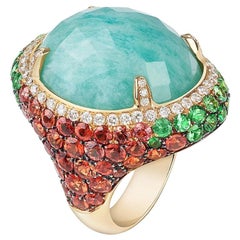 18 Karat Yellow Gold Checkerboard Cut Amazonite and Diamonds Cocktail Ring