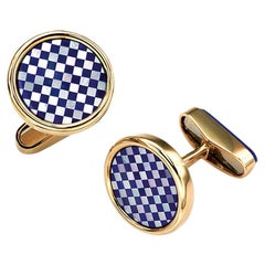 18 Karat Yellow Gold Checkerbord Lapis and Mother-of-Pearl Cufflinks