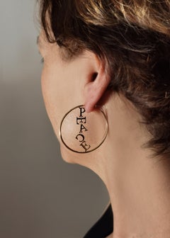 Modernist 18 Karat Yellow Gold Circle "Love and Peace" Hoops Earrings
