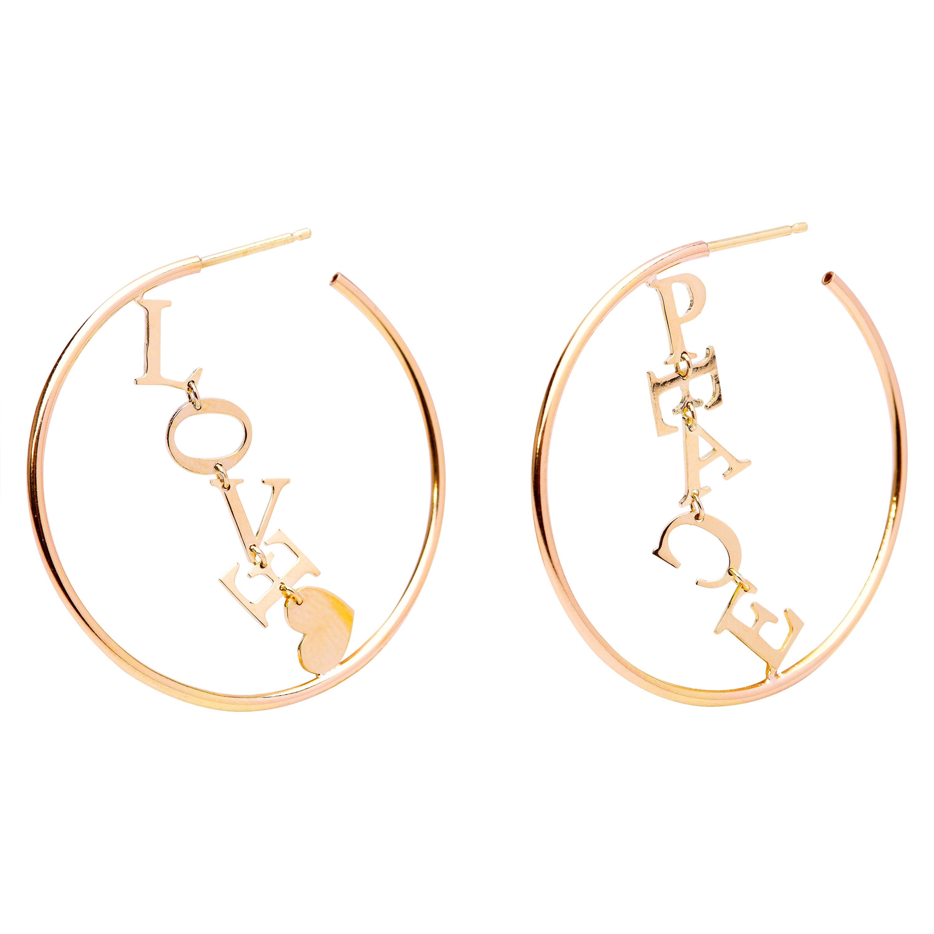 Modernist 18 Karat Yellow Gold Circle "Love and Peace" Hoops Earrings For Sale
