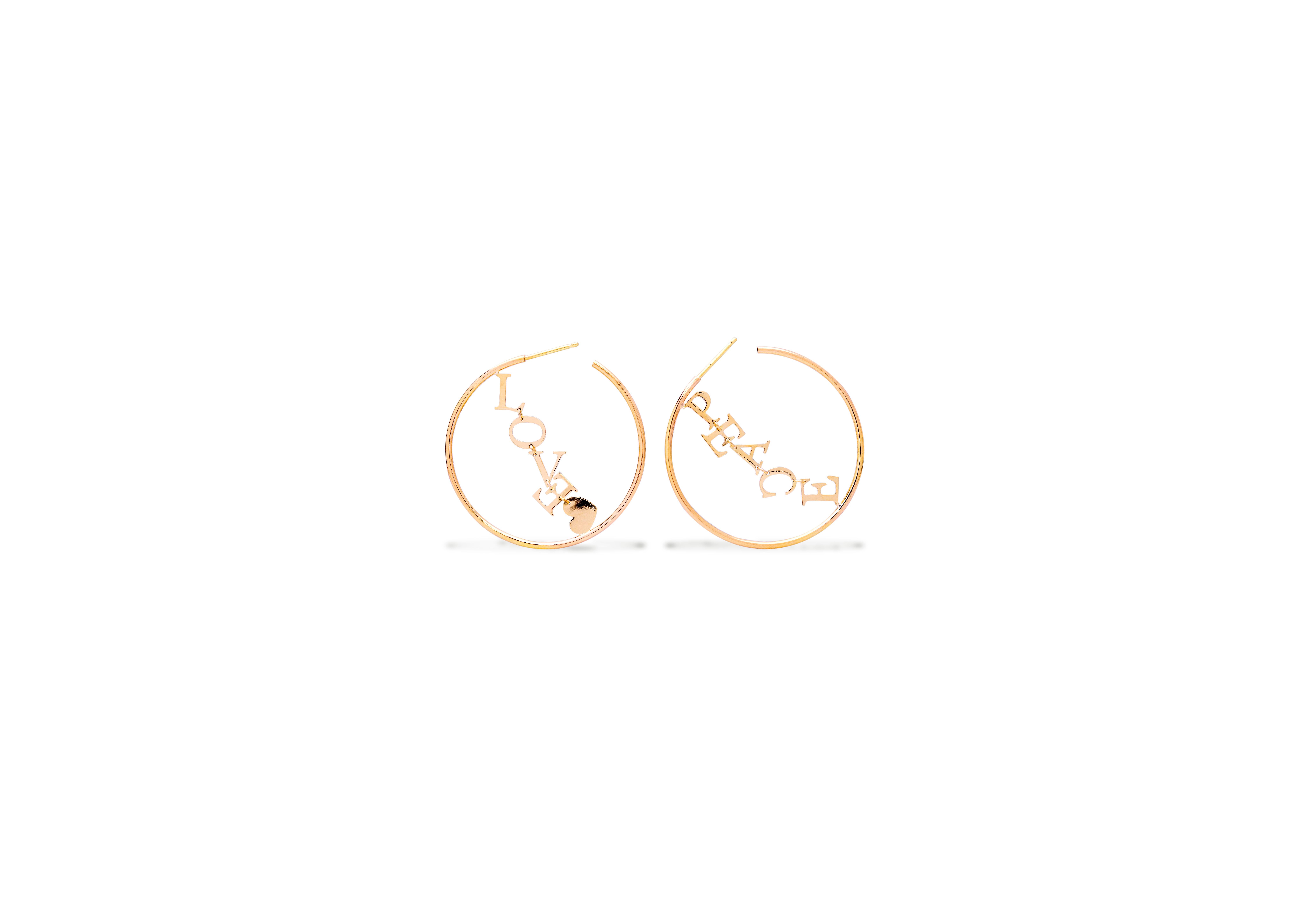 18 Karat Gelbgold Creolen „Peace And Love“ Moderne handgefertigte Design-Ohrringe im Angebot 3