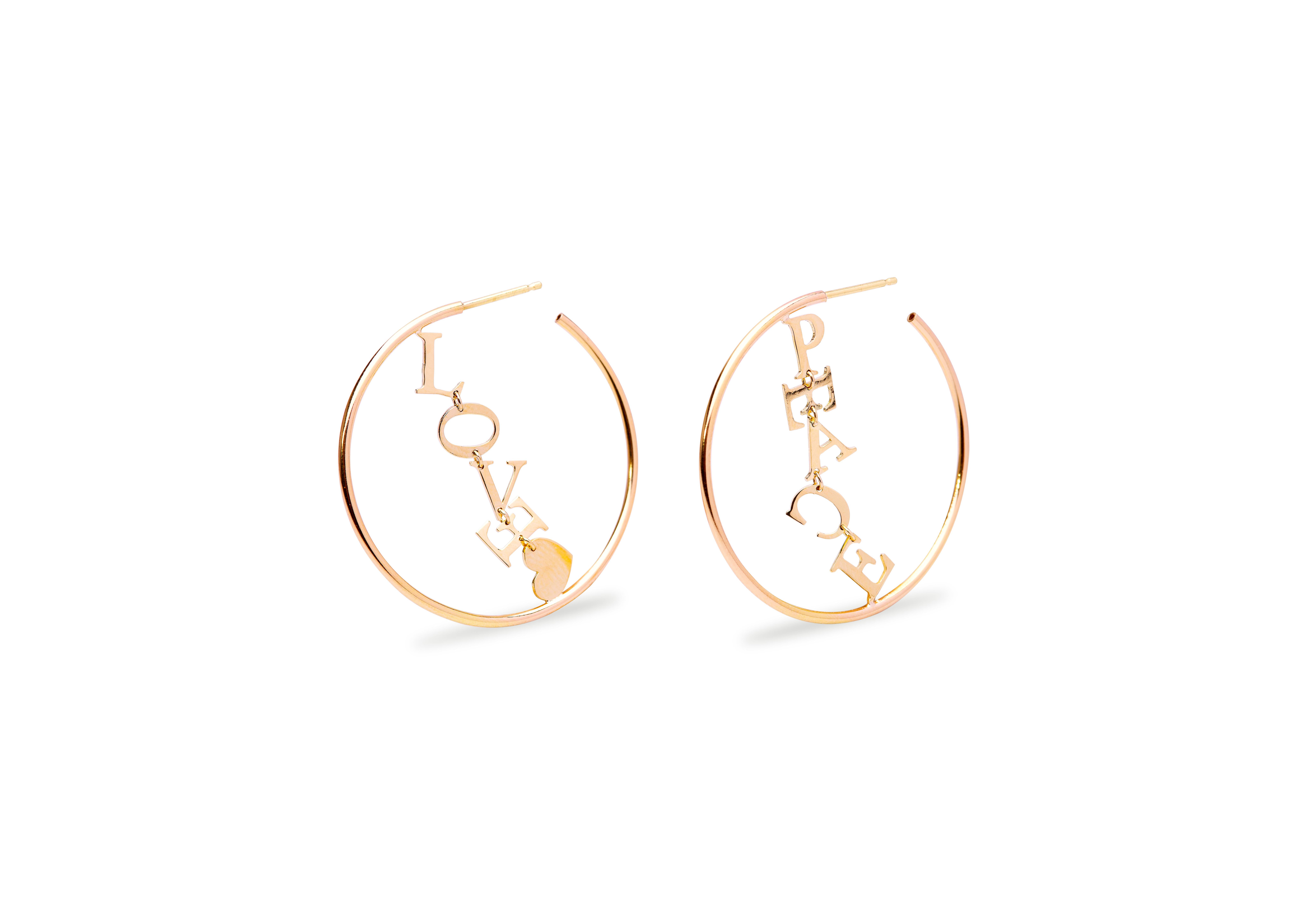 Women's or Men's Peace And Love 18K Yellow Gold Circle Hoops Contemporary Design Earrings For Sale