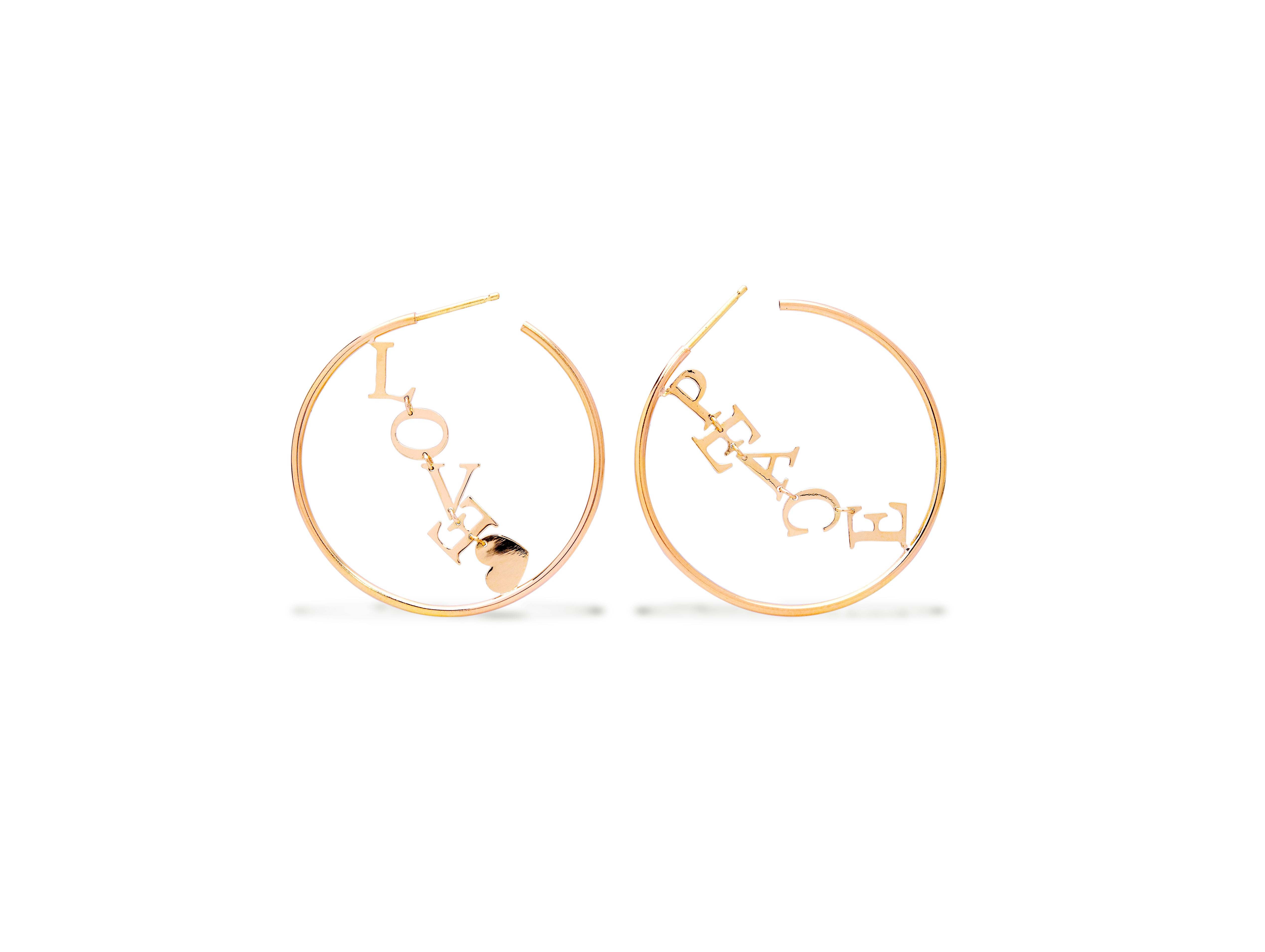 Peace And Love 18K Yellow Gold Circle Hoops Contemporary Design Earrings For Sale 1