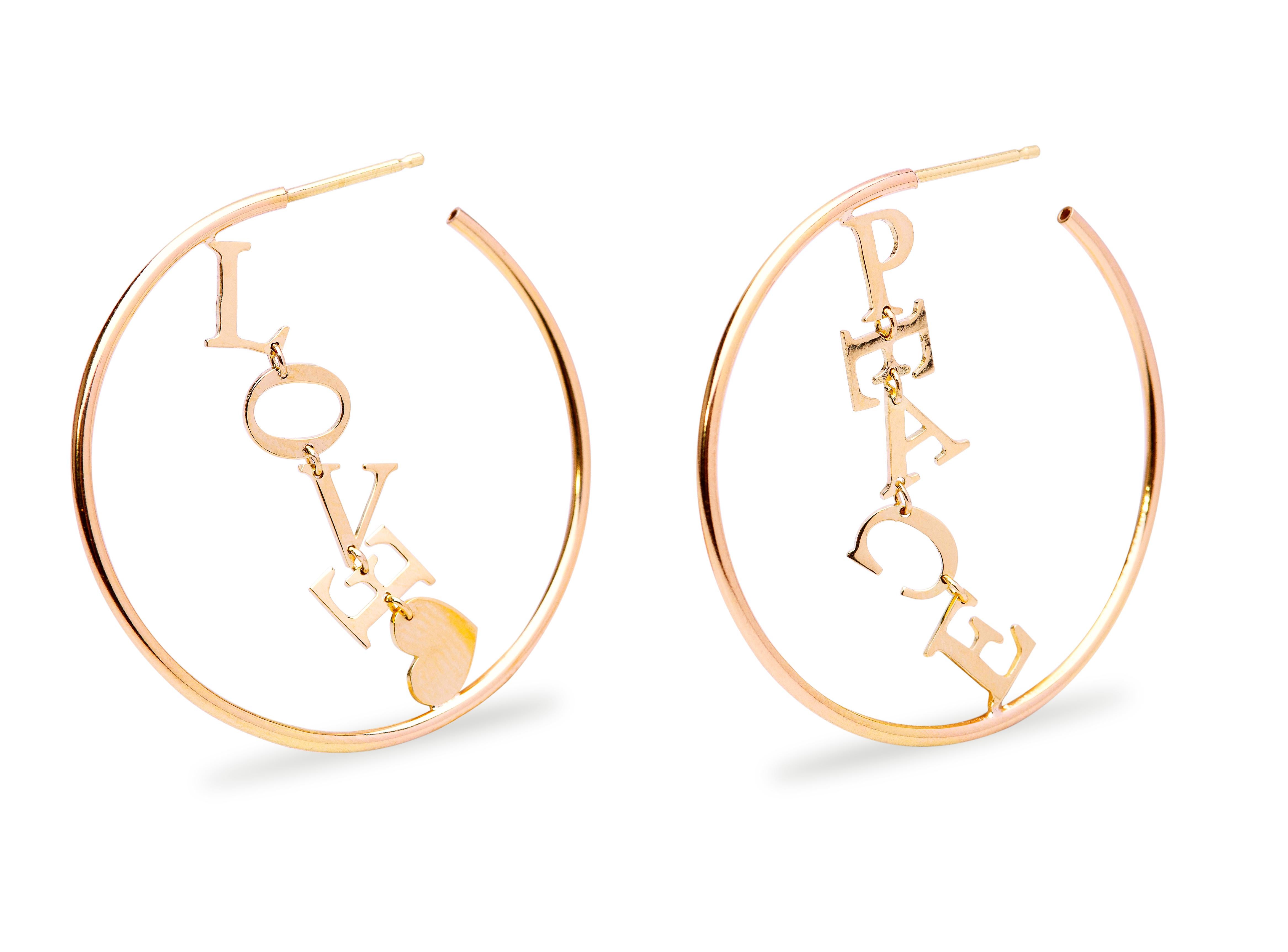 Peace And Love 18K Yellow Gold Circle Hoops Contemporary Design Earrings In New Condition For Sale In Rome, IT