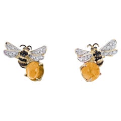 18K Gold Citrine 0.16 Karat White 0.18 Black Diamond Bees Stud Earrings