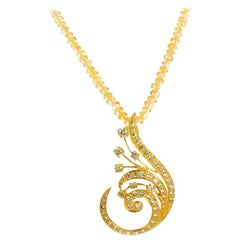 18 Karat Yellow Gold Citrine and 2.60 Carat Diamond Swirl Pendant Necklace
