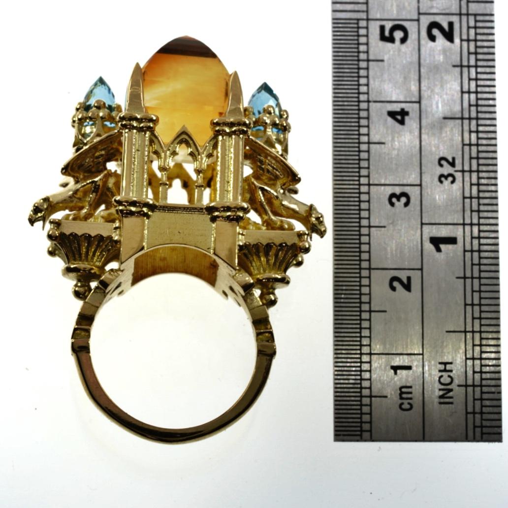 18 Karat Yellow Gold Citrine and Aquamarine Cathedral Ring 6