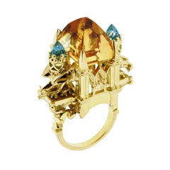 18 Karat Yellow Gold Citrine and Aquamarine Cathedral Ring