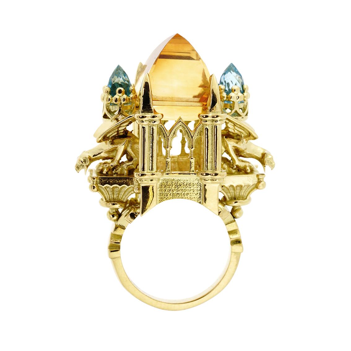 Gothic Revival 18 Karat Yellow Gold Citrine and Aquamarine Cathedral Ring