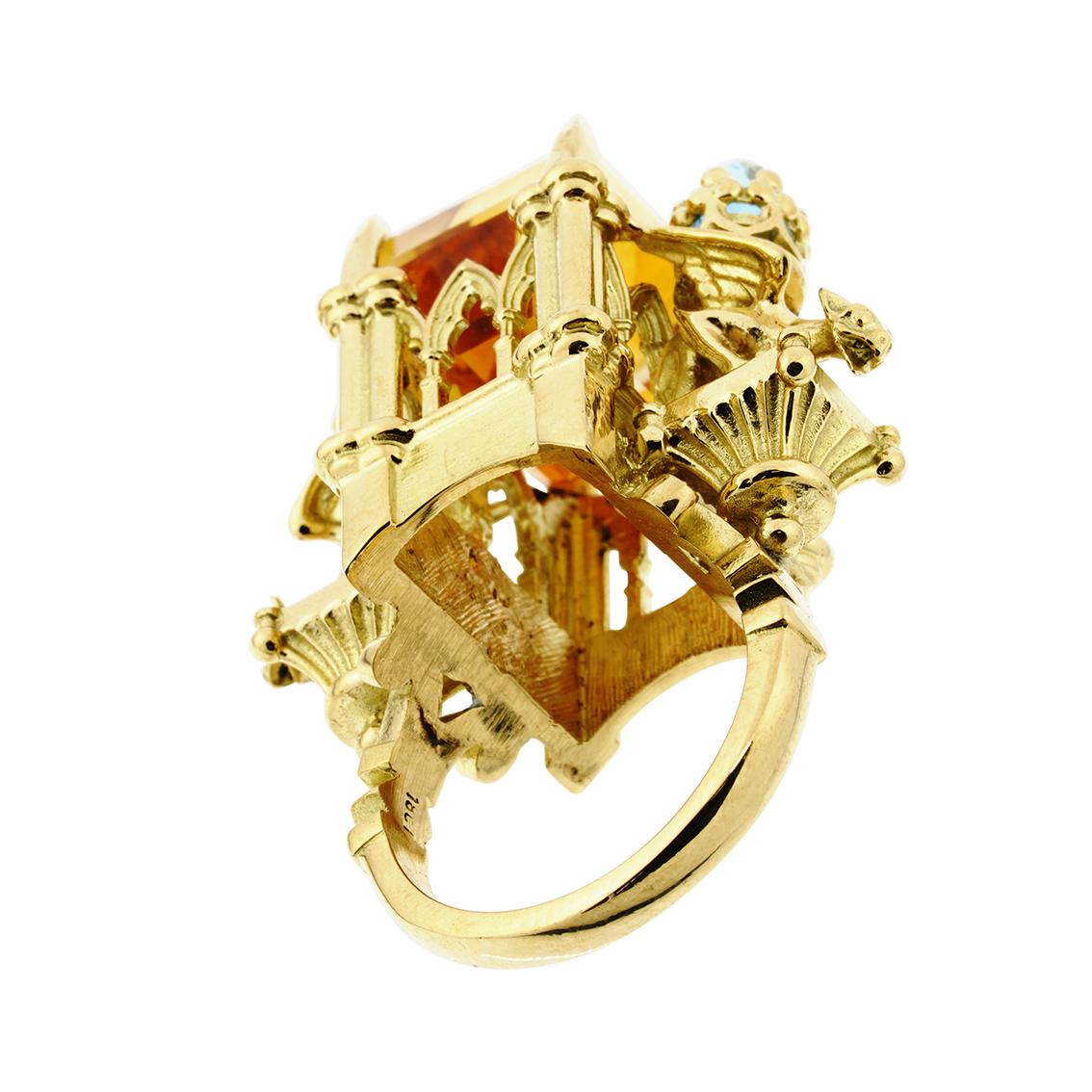 18 Karat Yellow Gold Citrine and Aquamarine Cathedral Ring In New Condition In Melbourne, Vic