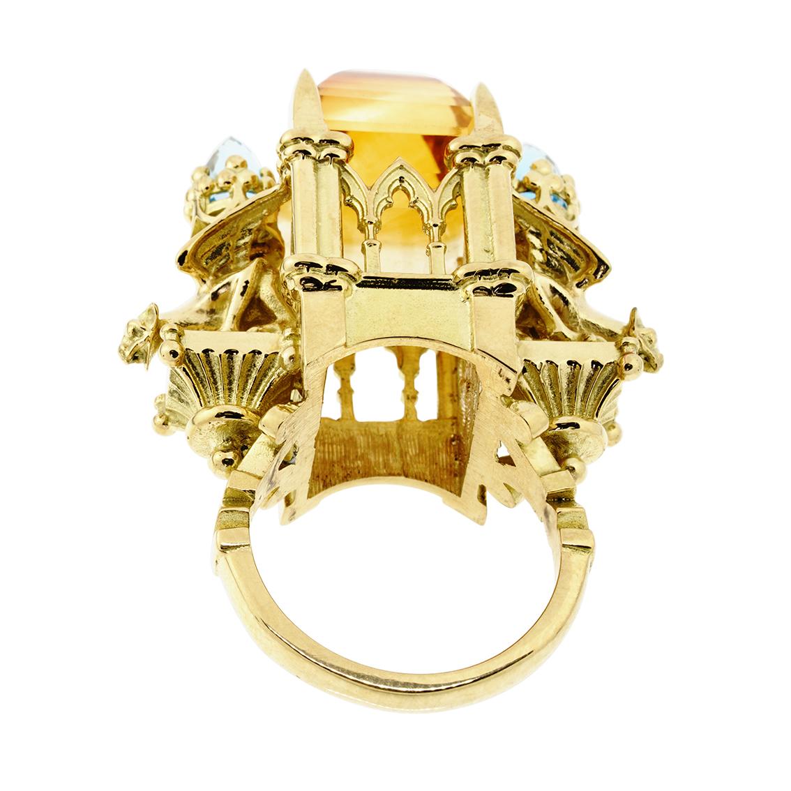 Women's or Men's 18 Karat Yellow Gold Citrine and Aquamarine Cathedral Ring