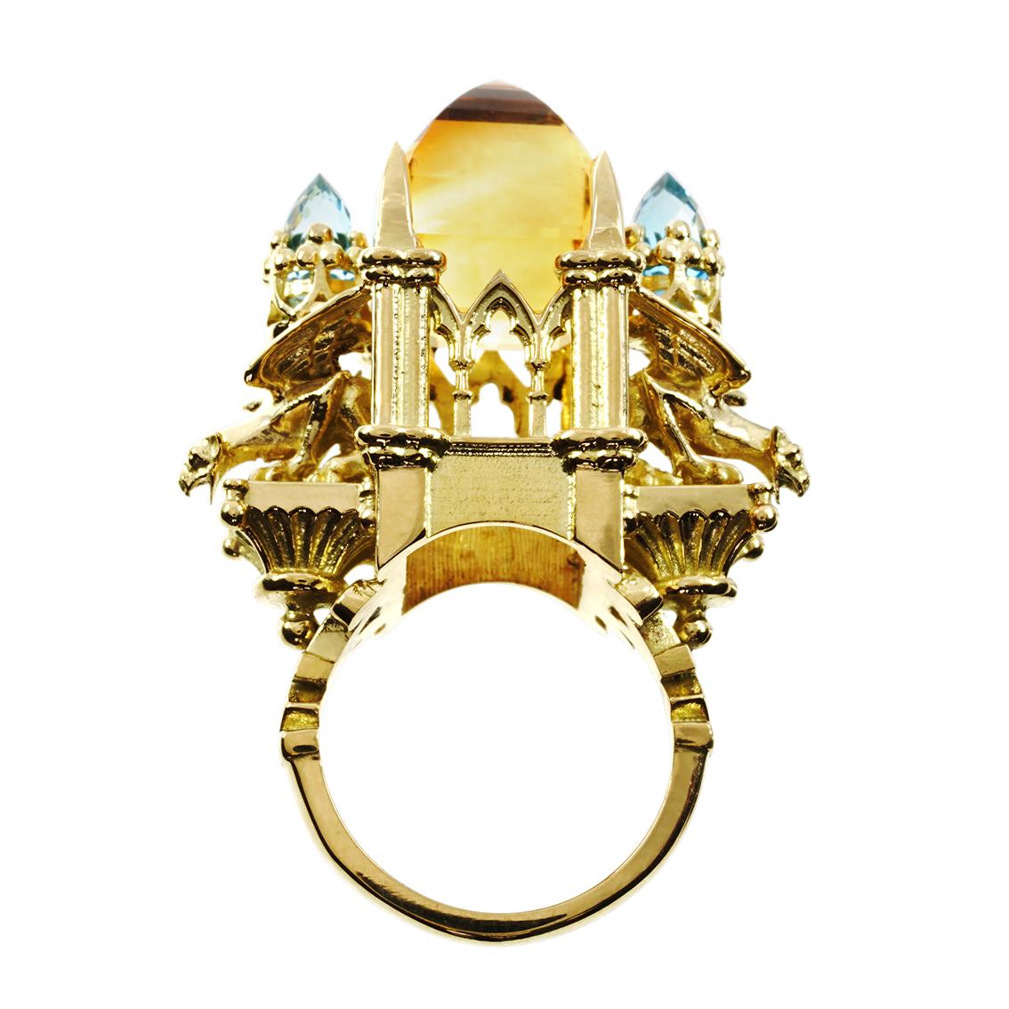 18 Karat Yellow Gold Citrine and Aquamarine Cathedral Ring 1