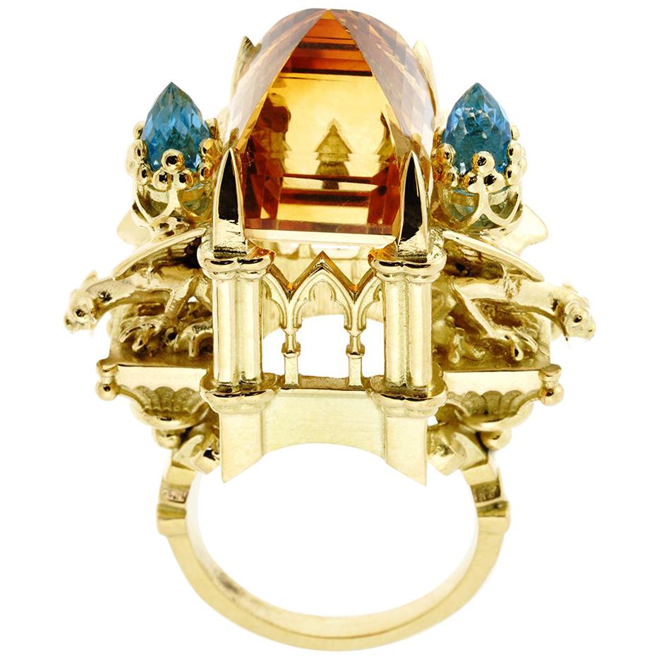 18 Karat Yellow Gold Citrine and Aquamarine Cathedral Ring