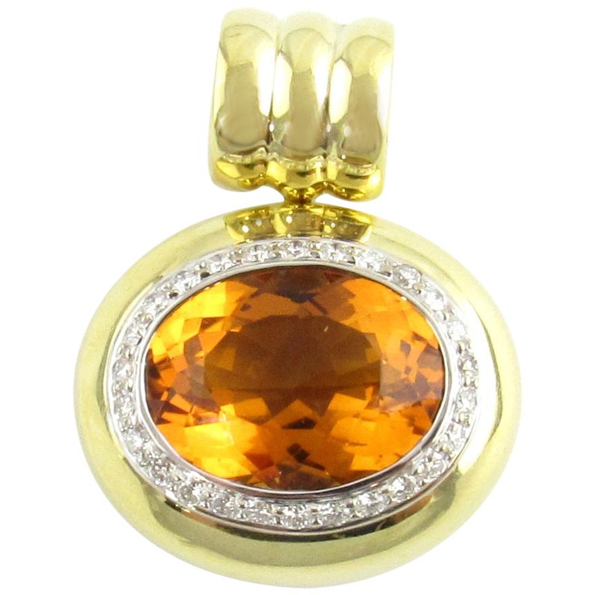  18 Karat Yellow Gold Oval Citrine and Diamond Pendant For Sale
