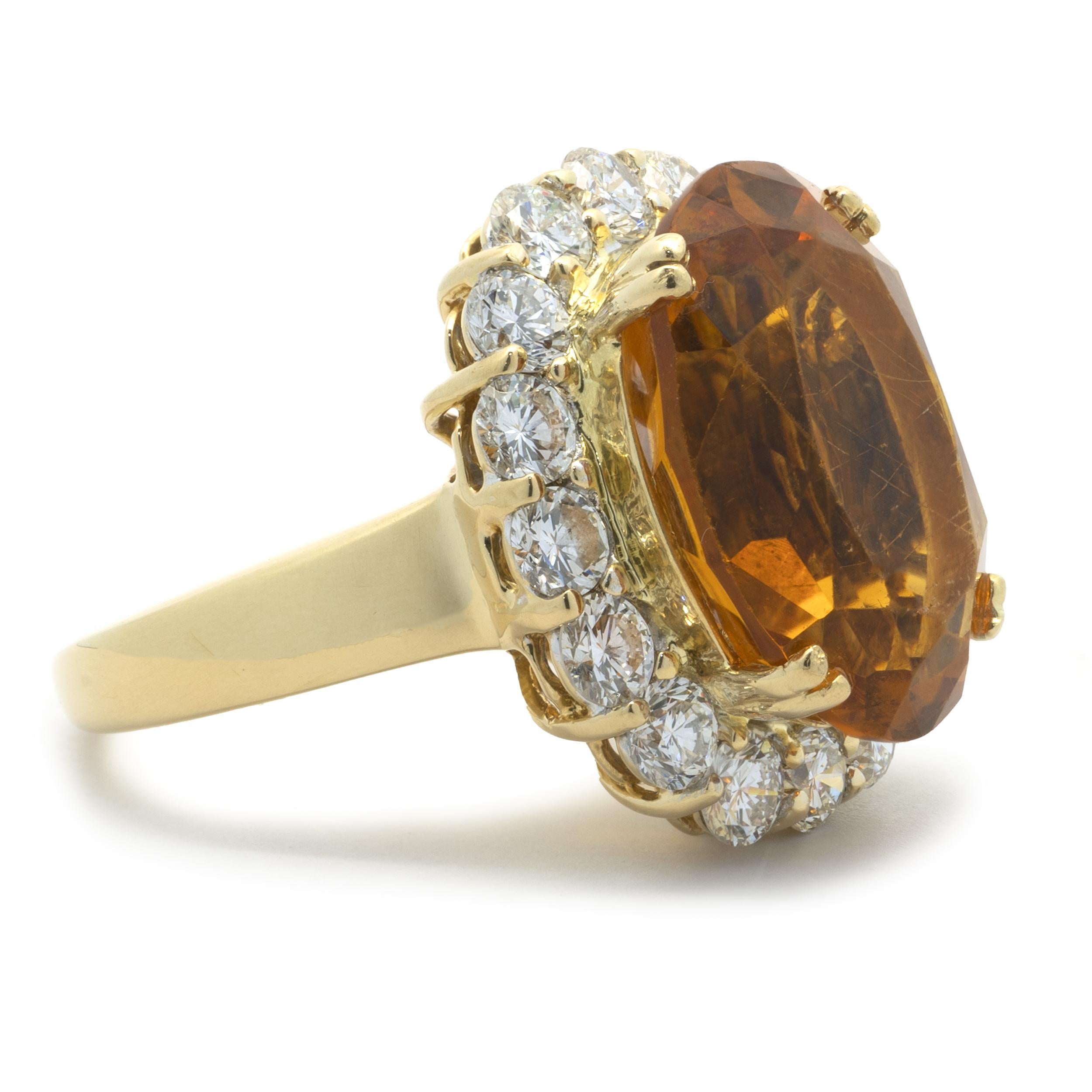 Designer: custom design
Material: 18K yellow gold
Diamond: 16 round brilliant cut = 1.12cttw
Color: G
Clarity: SI1
Citrine: 1 oval cut = 9.78ct
Ring size: 6 (please allow two additional shipping days for sizing requests) 
Dimension: ring top