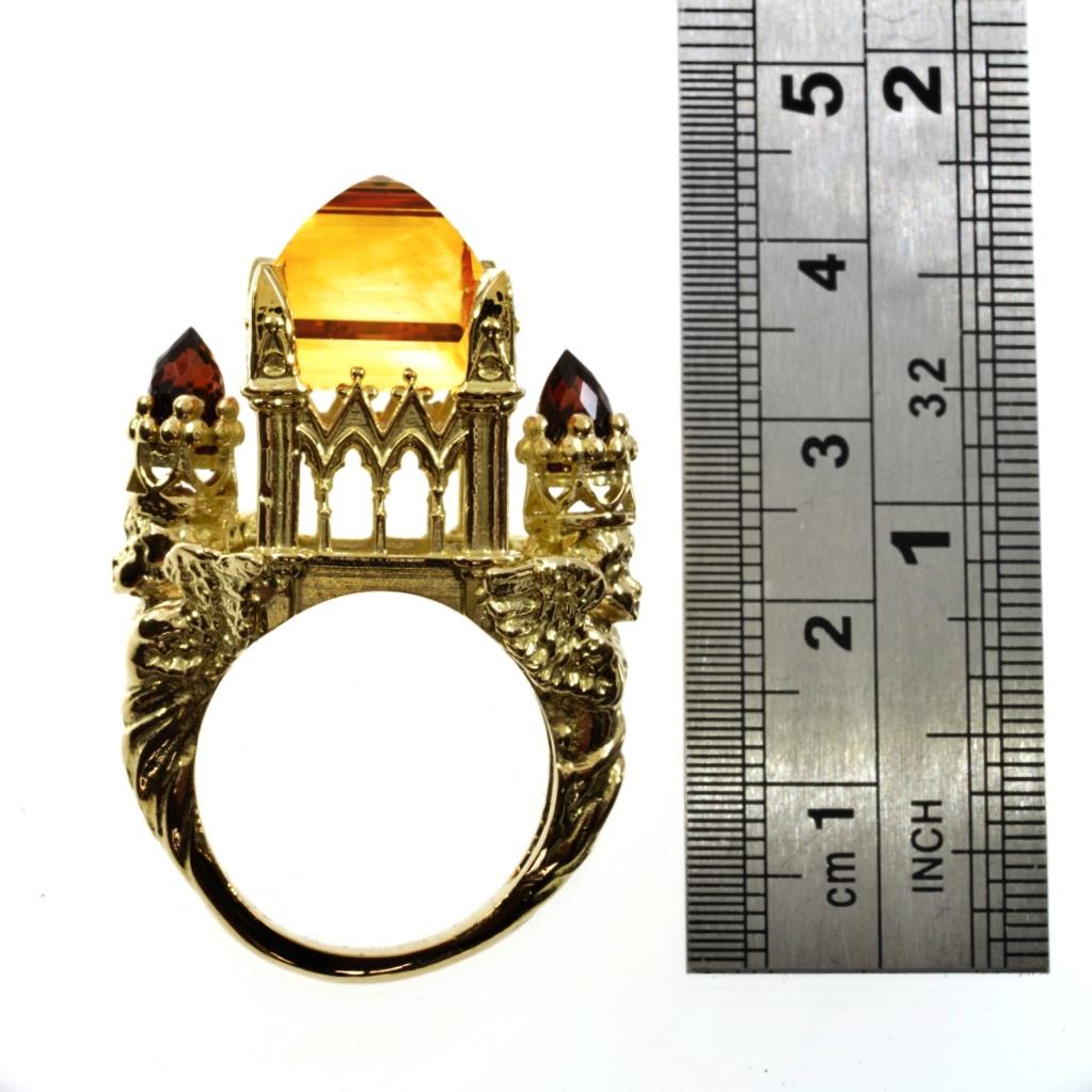 Gothic Cathedral Ring in 18 Karat Yellow Gold, Citrine and Garnets For Sale 8