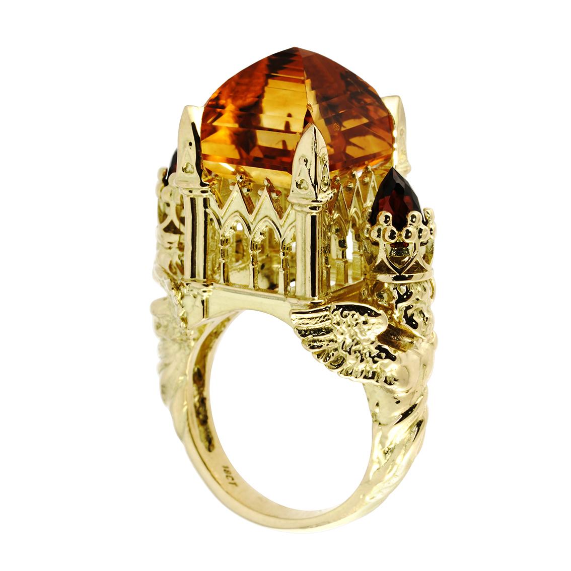 Baroque Gothic Cathedral Ring in 18 Karat Yellow Gold, Citrine and Garnets For Sale