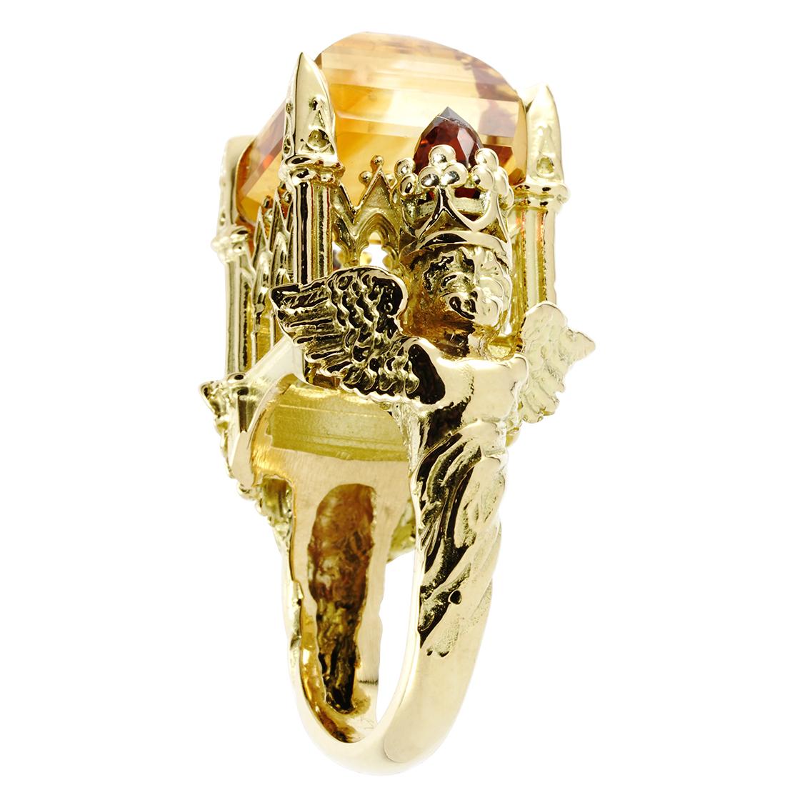 Gothic Cathedral Ring in 18 Karat Yellow Gold, Citrine and Garnets In New Condition For Sale In Melbourne, Vic
